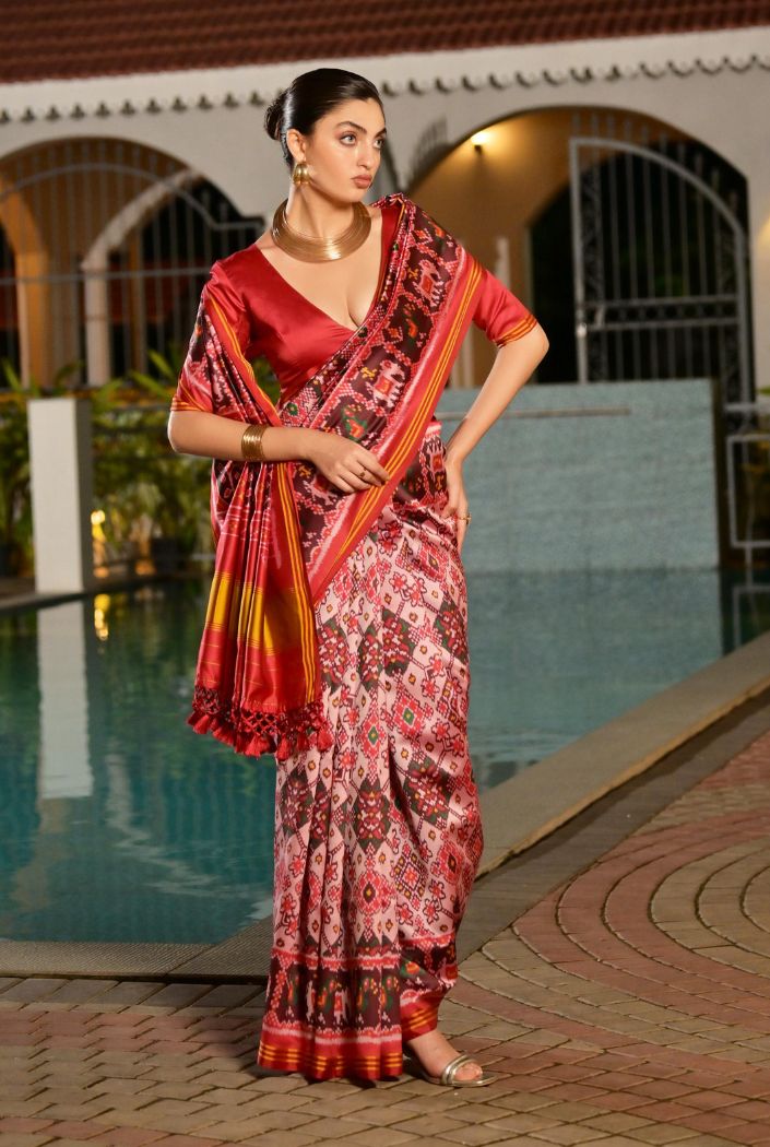 Buy MySilkLove Peony Pink Printed Patola Soft Silk Saree Online