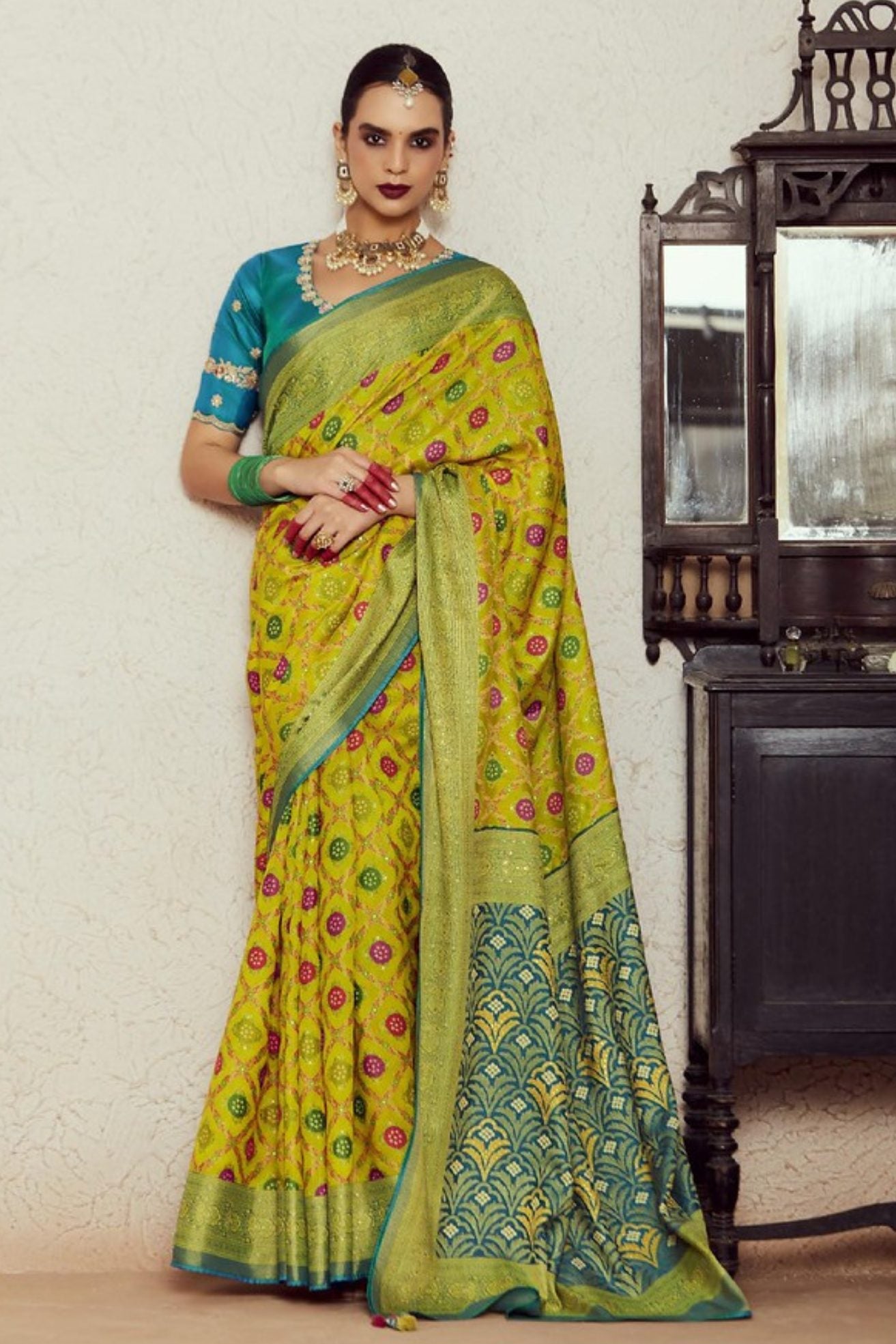 Buy MySilkLove Old Gold Yellow and Blue Printed Brasso Soft Silk Saree Online