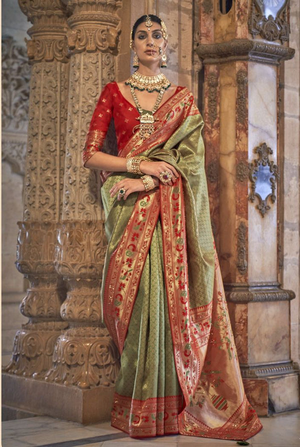 Olive Green and Red Woven Patola Silk Saree