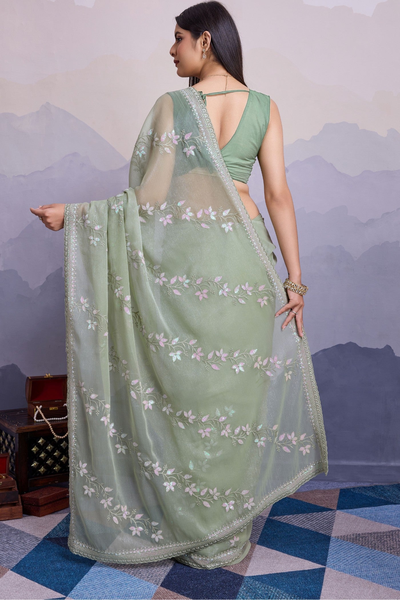 Buy MySilkLove Pastel Green Embroidered Designer Chiffon Saree Online