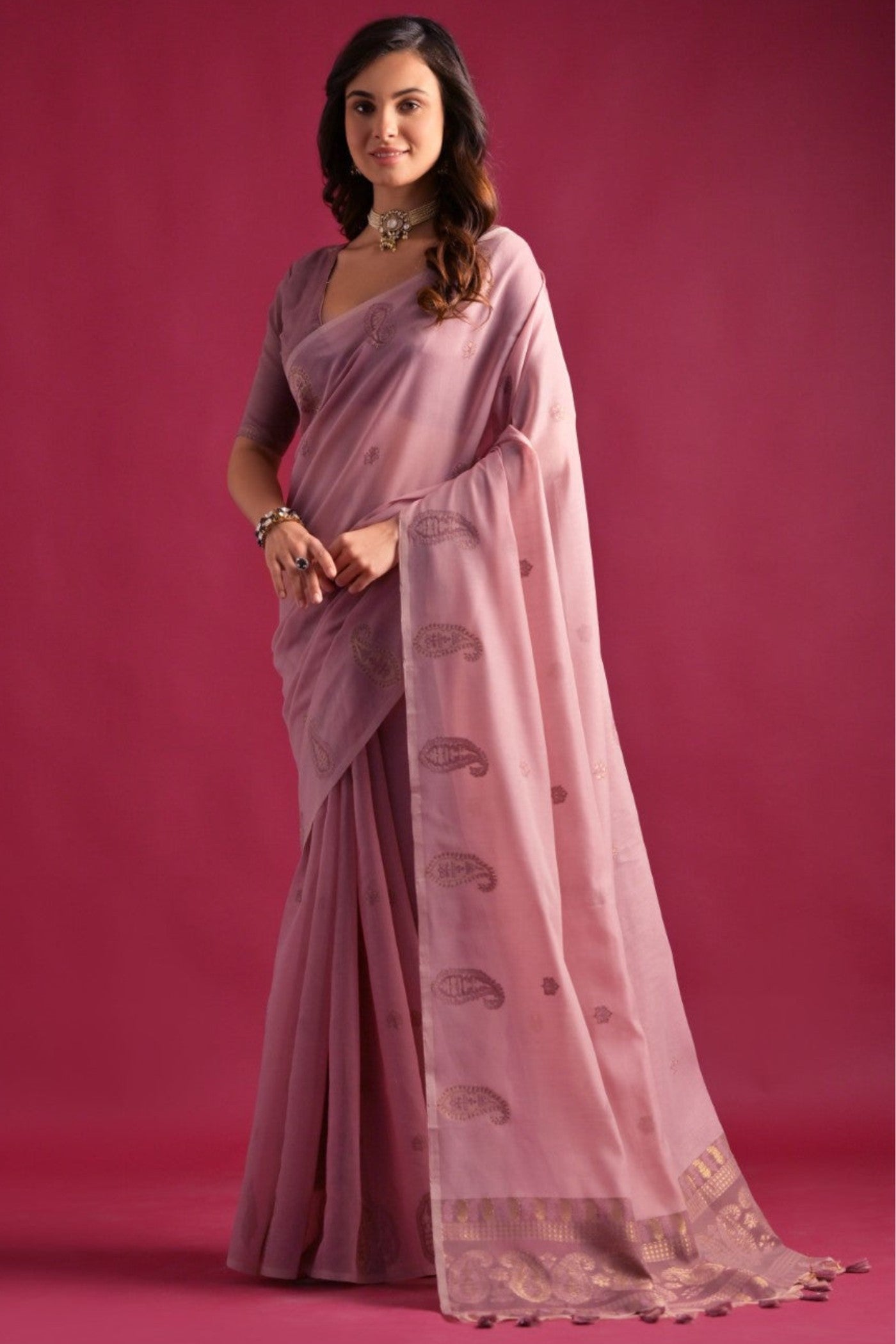 Buy MySilkLove Rose Purple Shade Woven Mul Cotton Saree Online