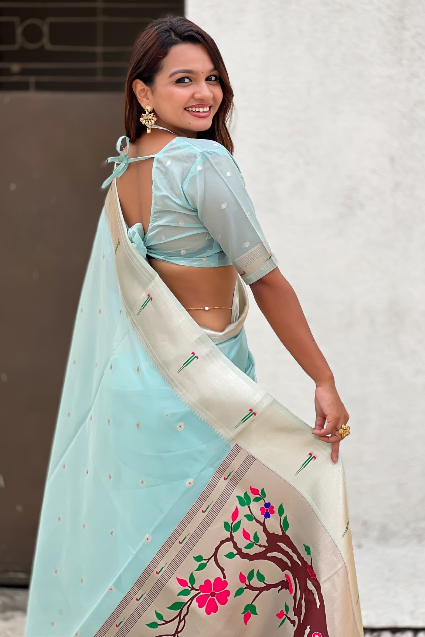 Buy MySilkLove Ice Blue Organza Woven Paithani Saree Online