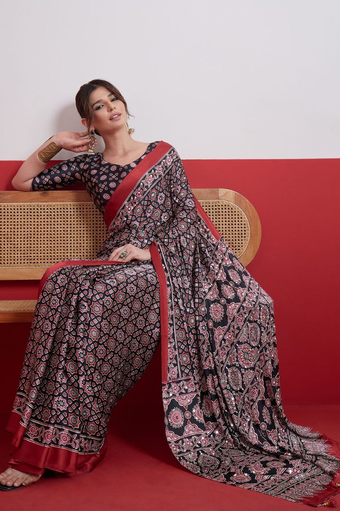 Buy MySilkLove Raven Black Modal Ajrakh Satin Printed Mirror Work Saree Online