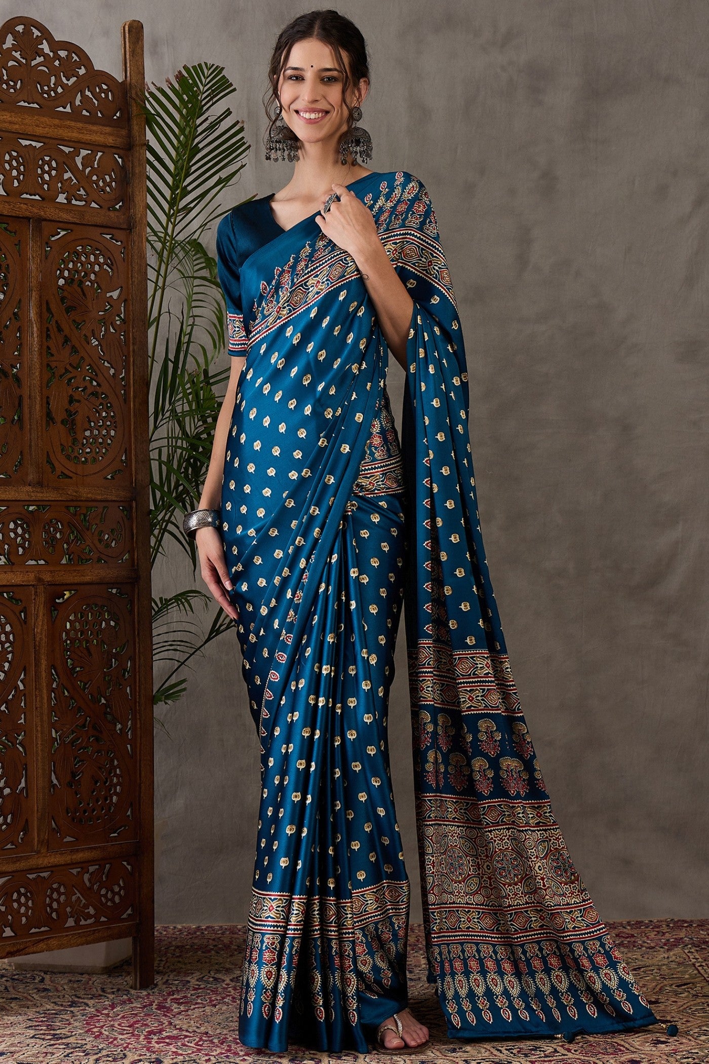 Buy MySilkLove James Blue Printed Satin Gaji Silk Saree Online