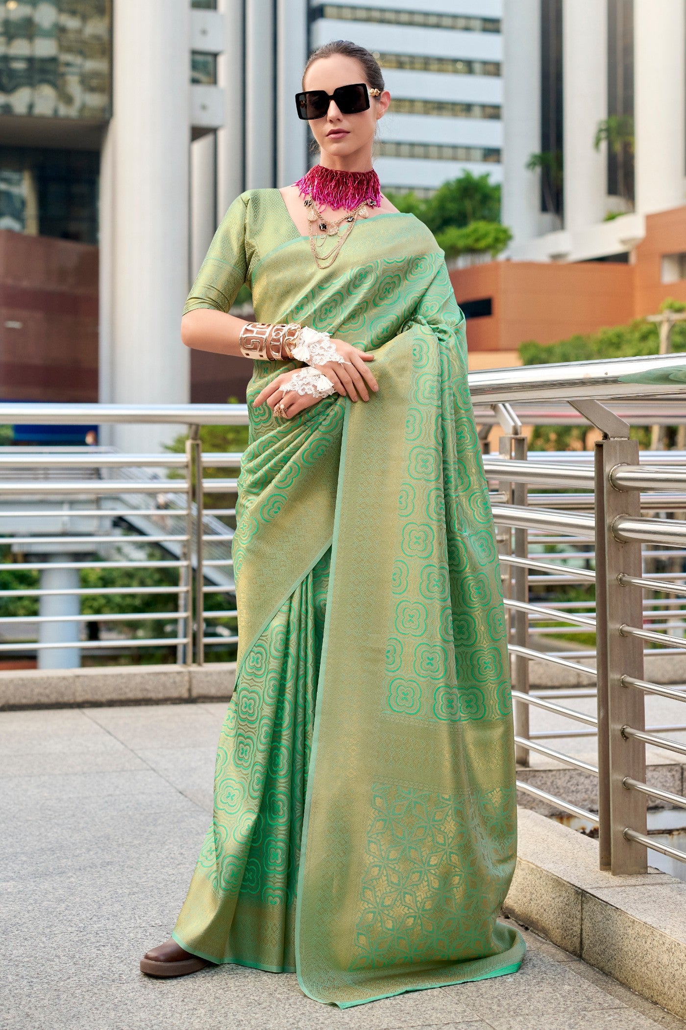 Buy MySilkLove Pear Green Handloom Kanjivaram Saree Online