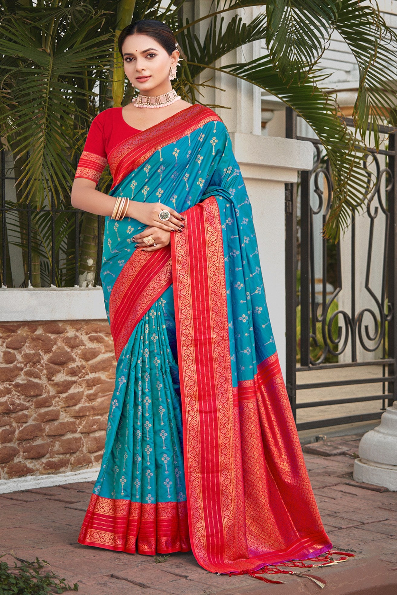 Buy MySilkLove Eastern Blue and Red Woven Banarasi Saree Online