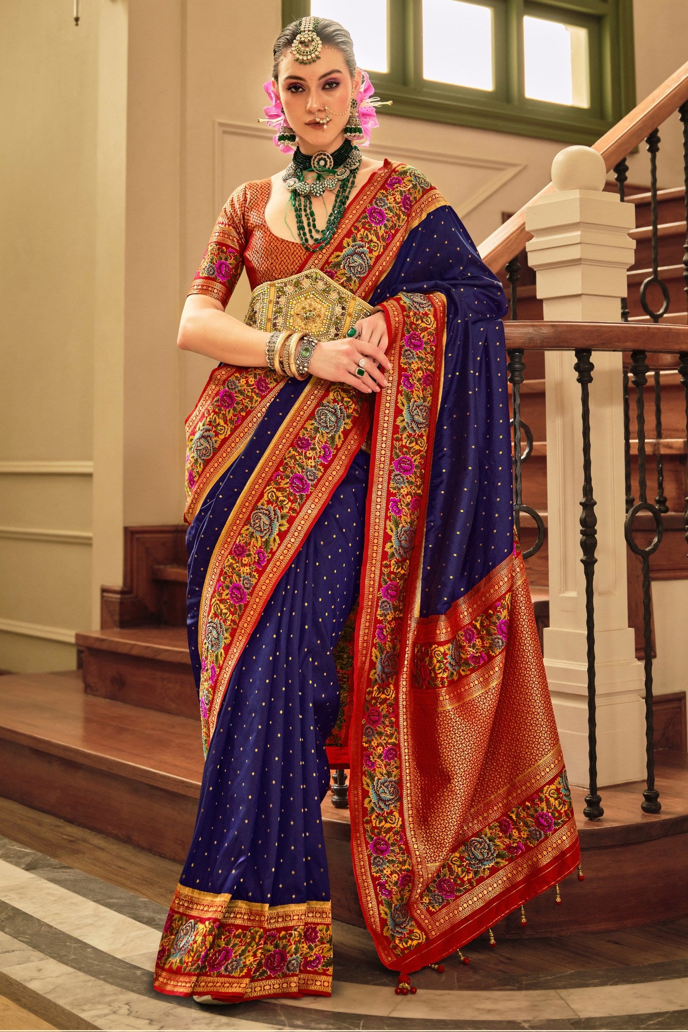 Buy MySilkLove Port Gore Blue Printed Banarasi Saree Online