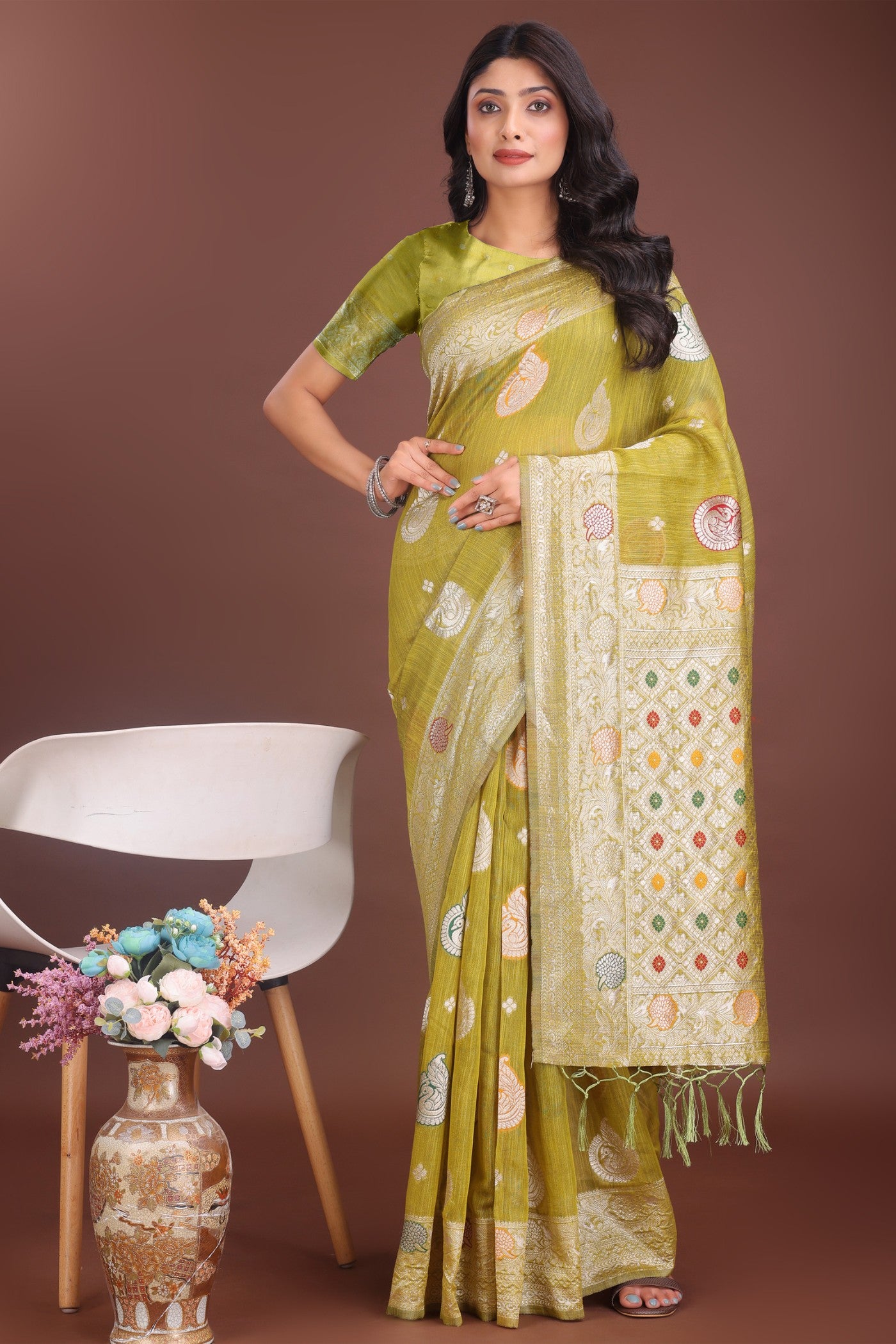 Buy MySilkLove Slime Green Linen Cotton Saree Online