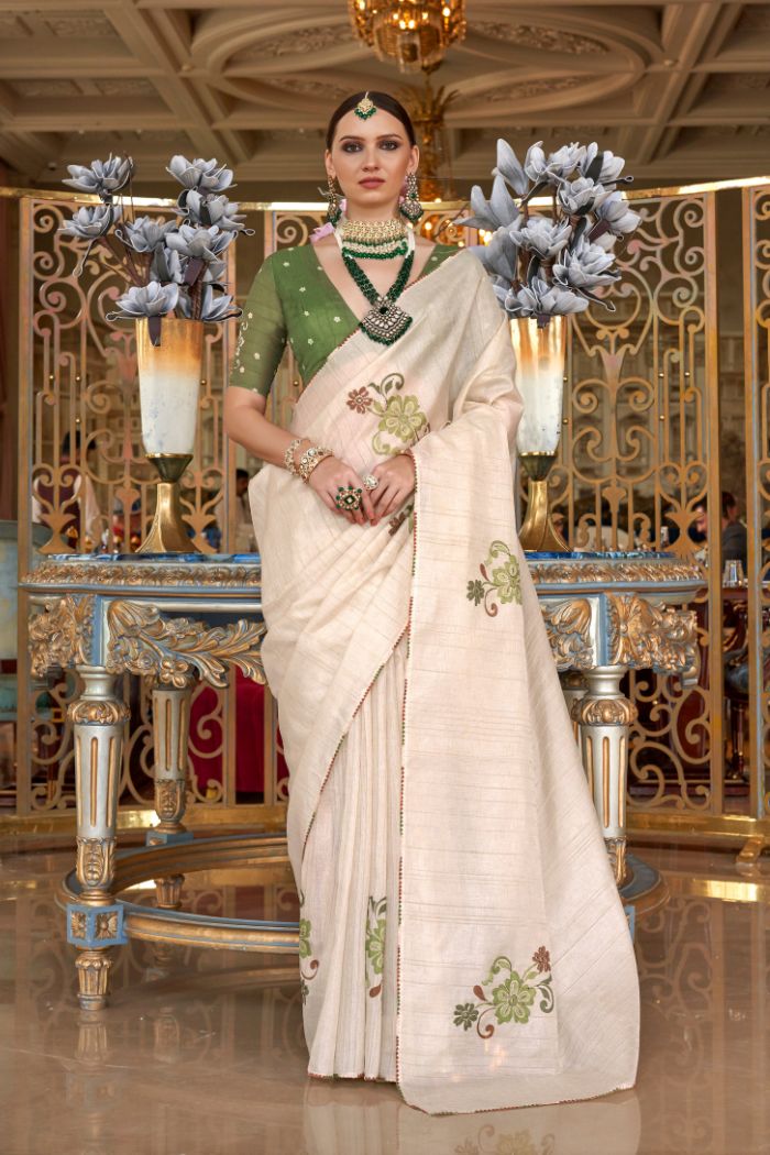 Buy MySilkLove Bone Cream and Green Woven Tussar Floral Silk Saree Online