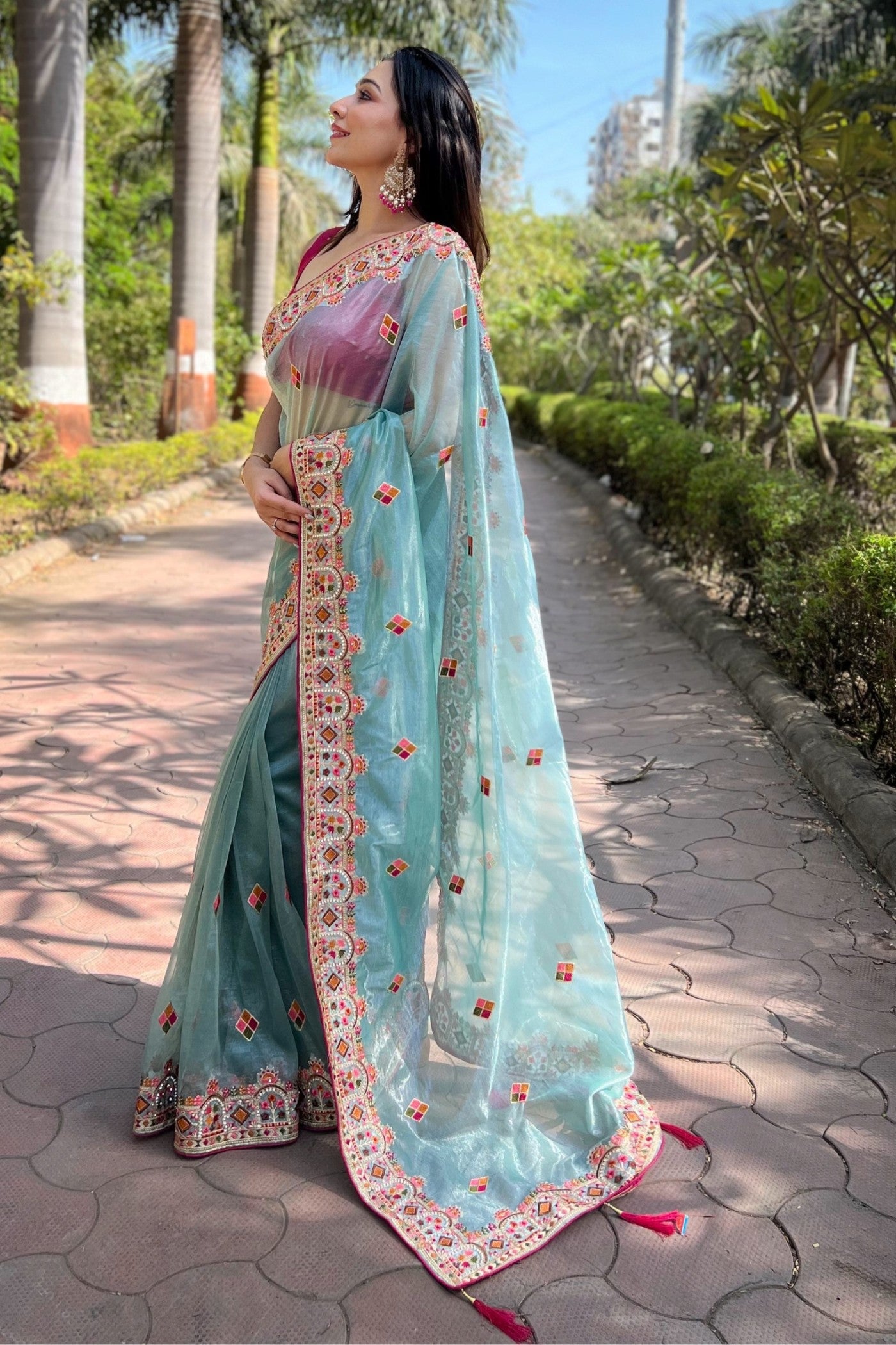 Buy MySilkLove Sky Blue Embroidered Tissue Silk Saree Online