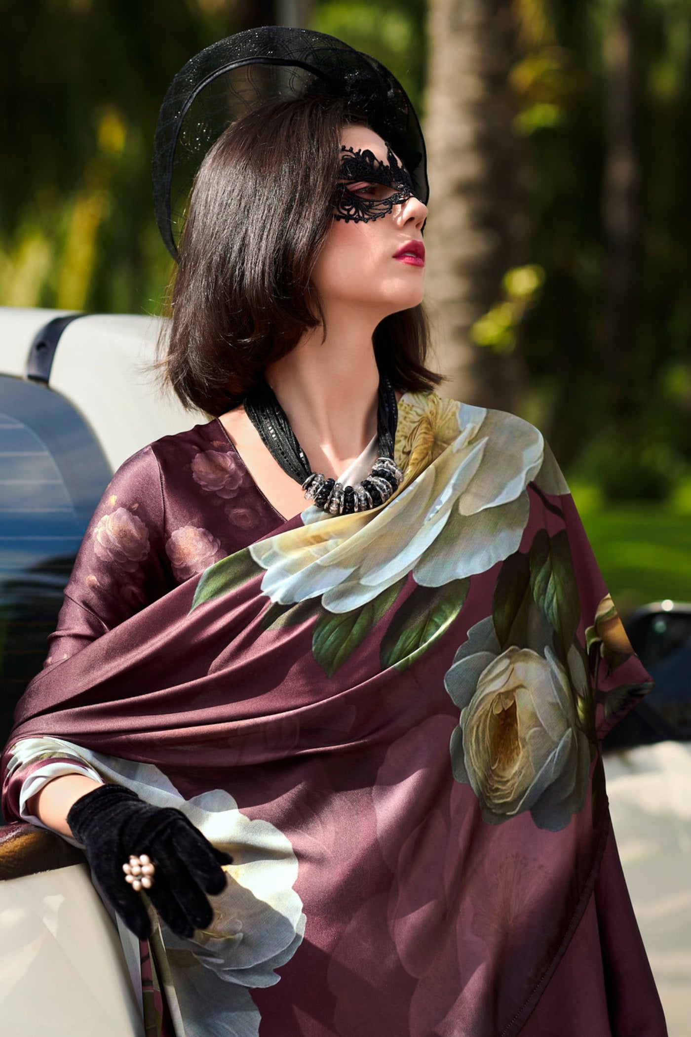 Buy MySilkLove Buccaneer Brown Printed Satin Crepe Silk Saree Online