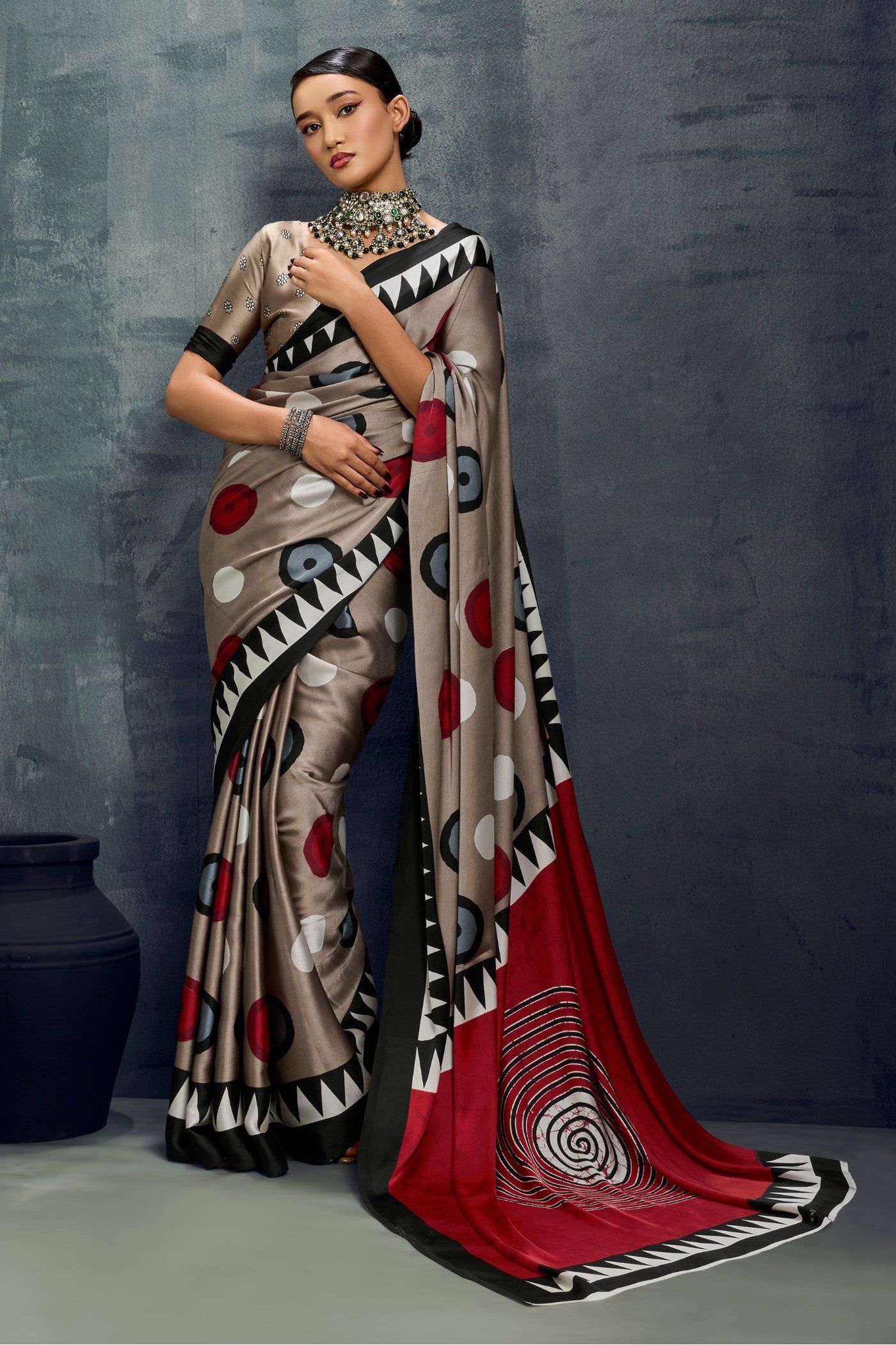 Buy MySilkLove Fossil Grey Ajrakh Printed Satin Crepe Silk Saree Online