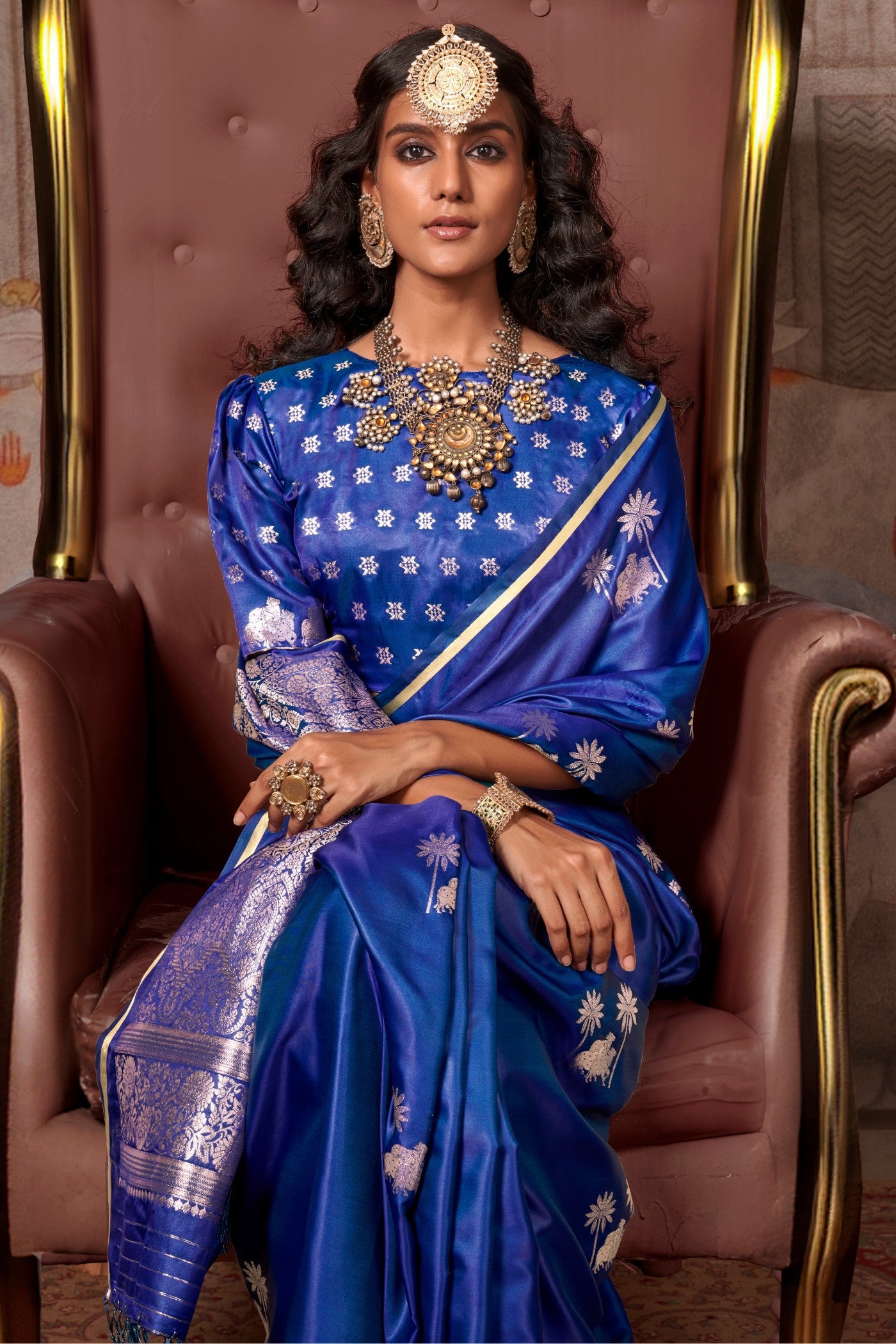 MySilkLove Azure Blue Banarasi Pichwai Satin Saree