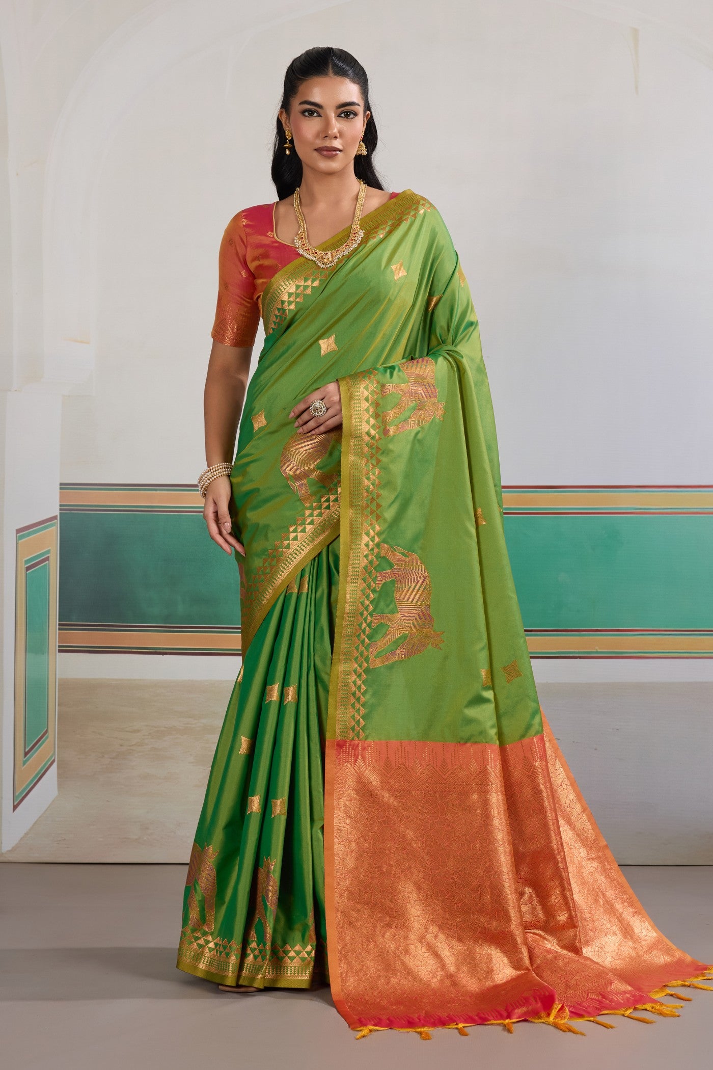 Buy MySilkLove Inchworm Green Banarasi Handloom Saree Online
