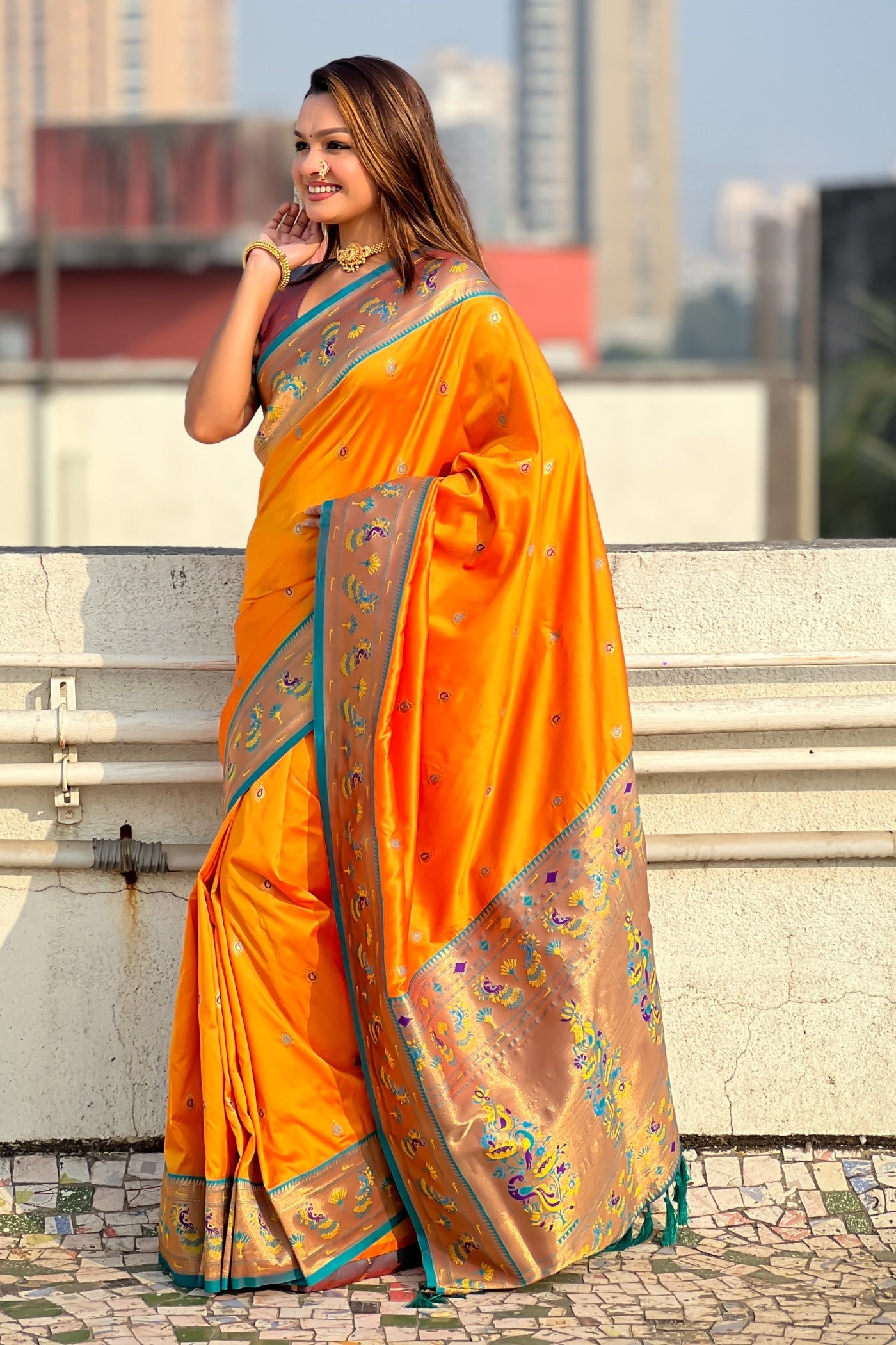 Buy MySilkLove Yam Orange Woven Lotus Paithani Saree Online