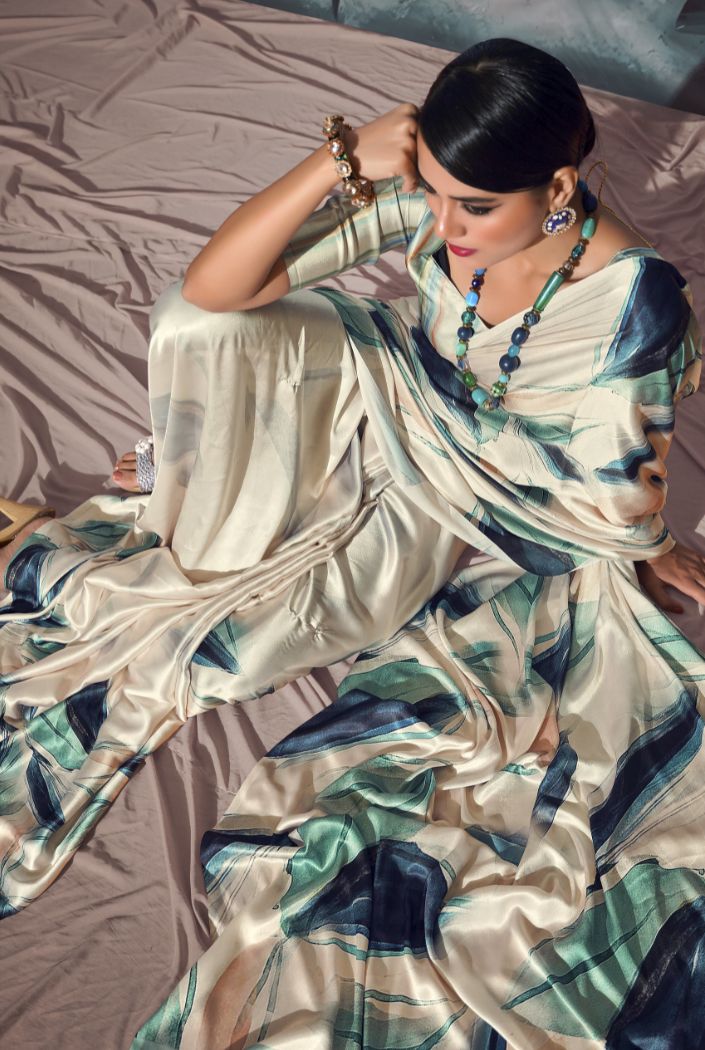 MySilkLove Bone Cream and Green Printed Satin Silk Saree