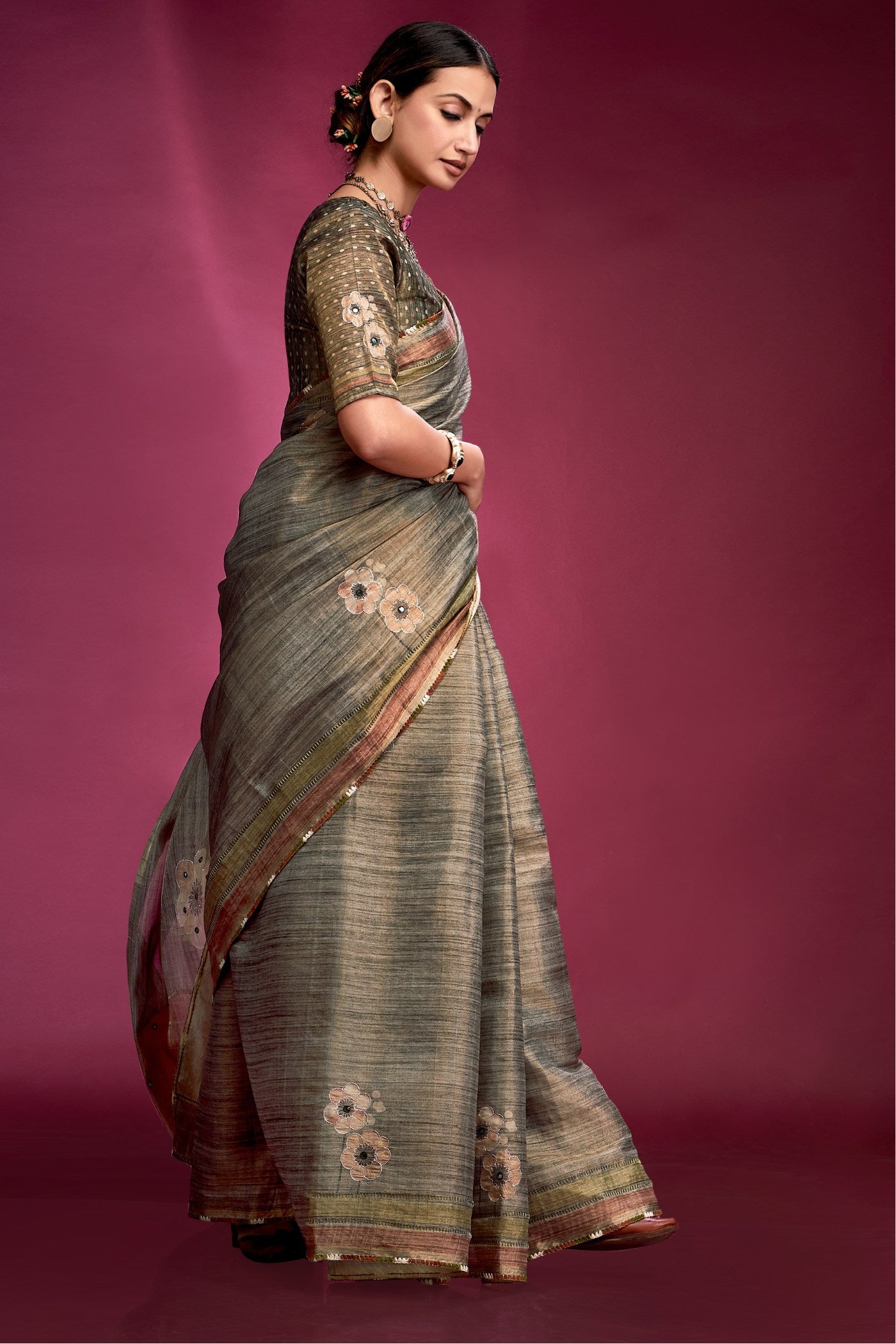 Buy MySilkLove Woody Grey Woven Tussar Silk Saree Online