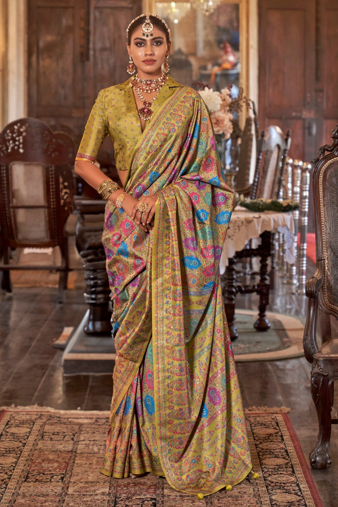 Buy MySilkLove Husk Yellow Printed Jamewar Saree Online