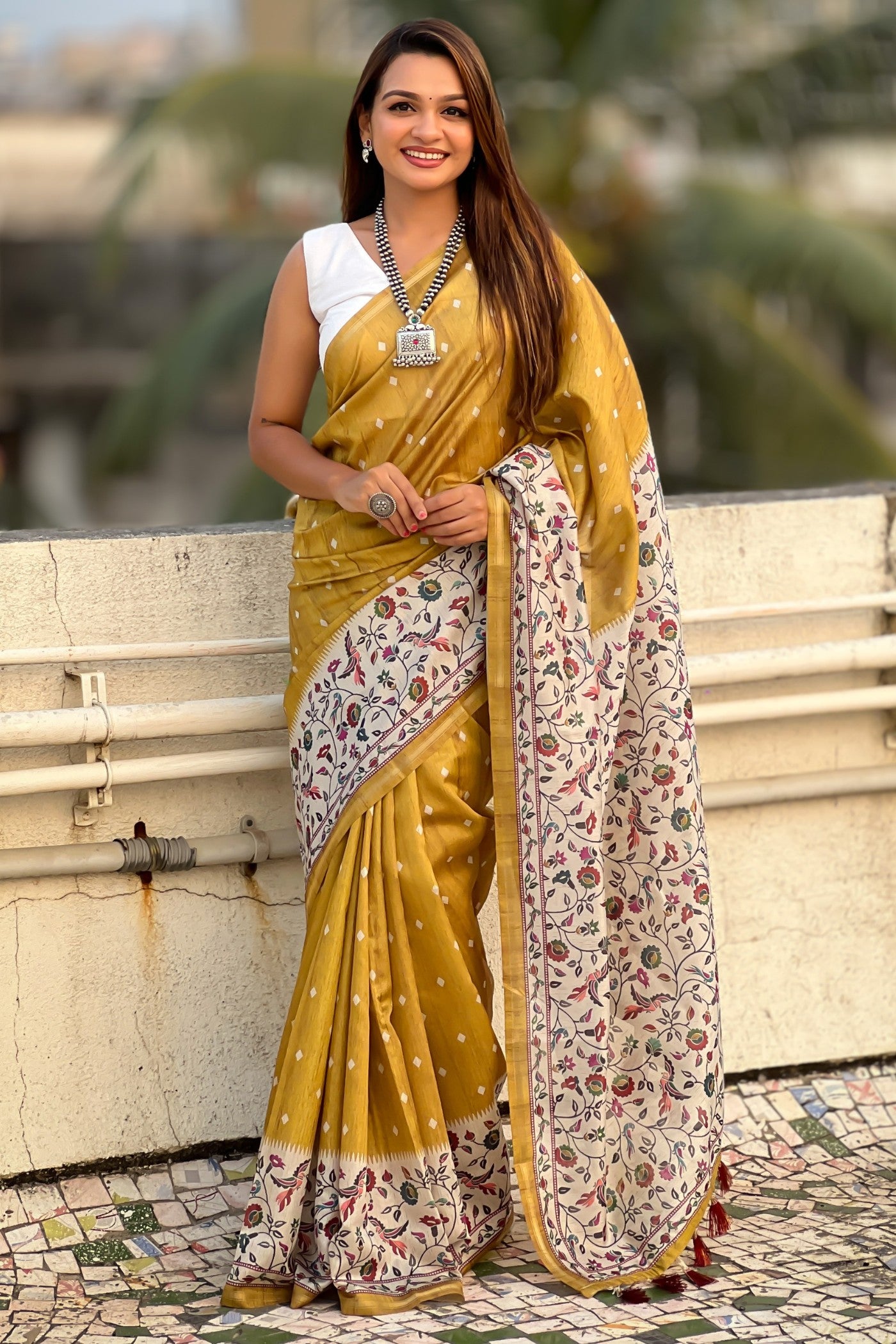 Buy MySilkLove Mustard Yellow Floral Printed Kalamkari Saree Online