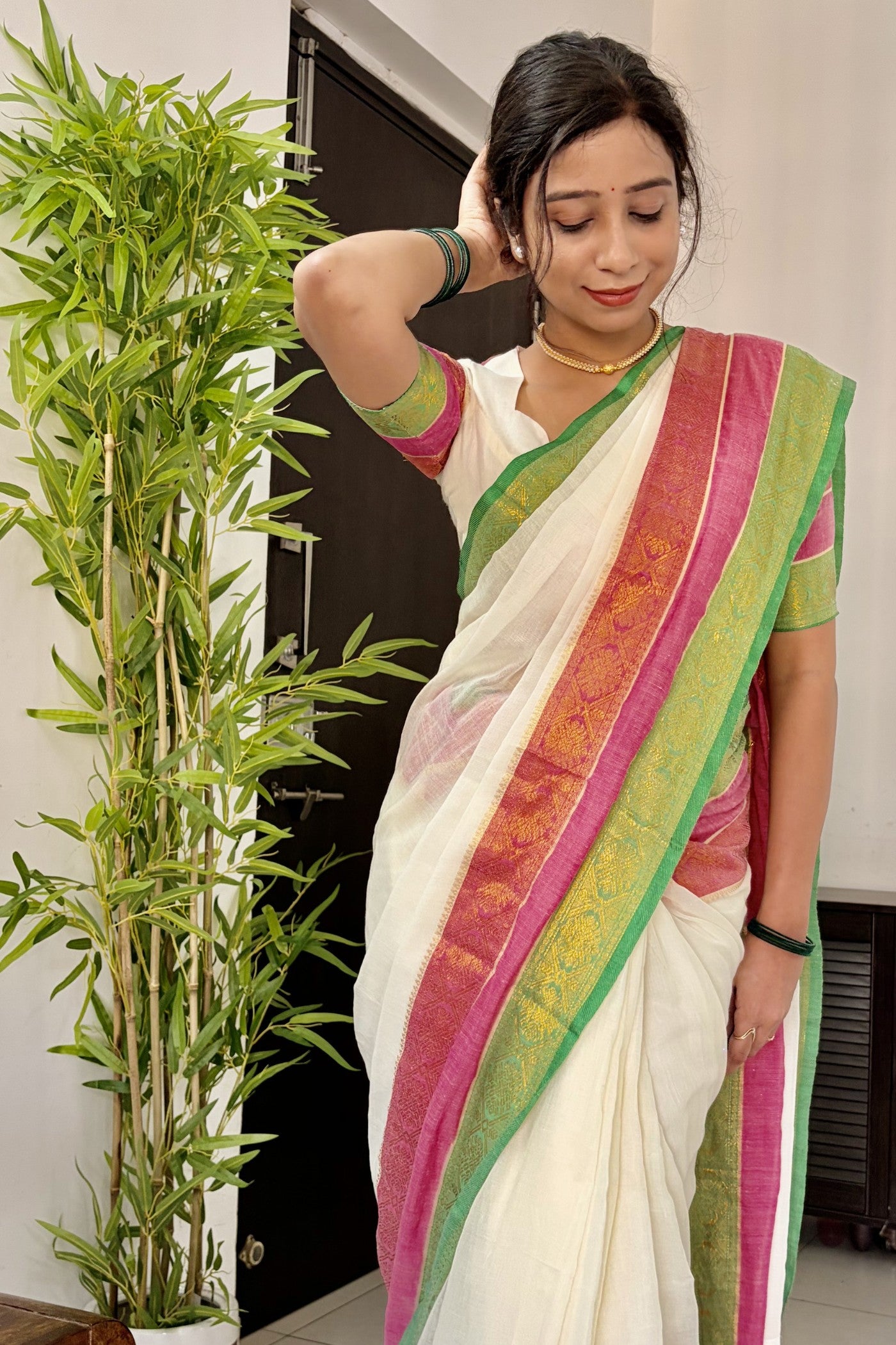 Buy MySilkLove Jasmine White Mul Mul Cotton Kanchi Border Saree Online
