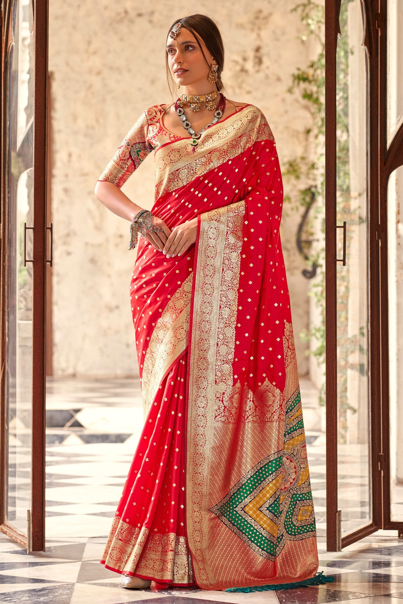 Buy MySilkLove Roman Red Woven Banarasi Soft Silk Saree Online