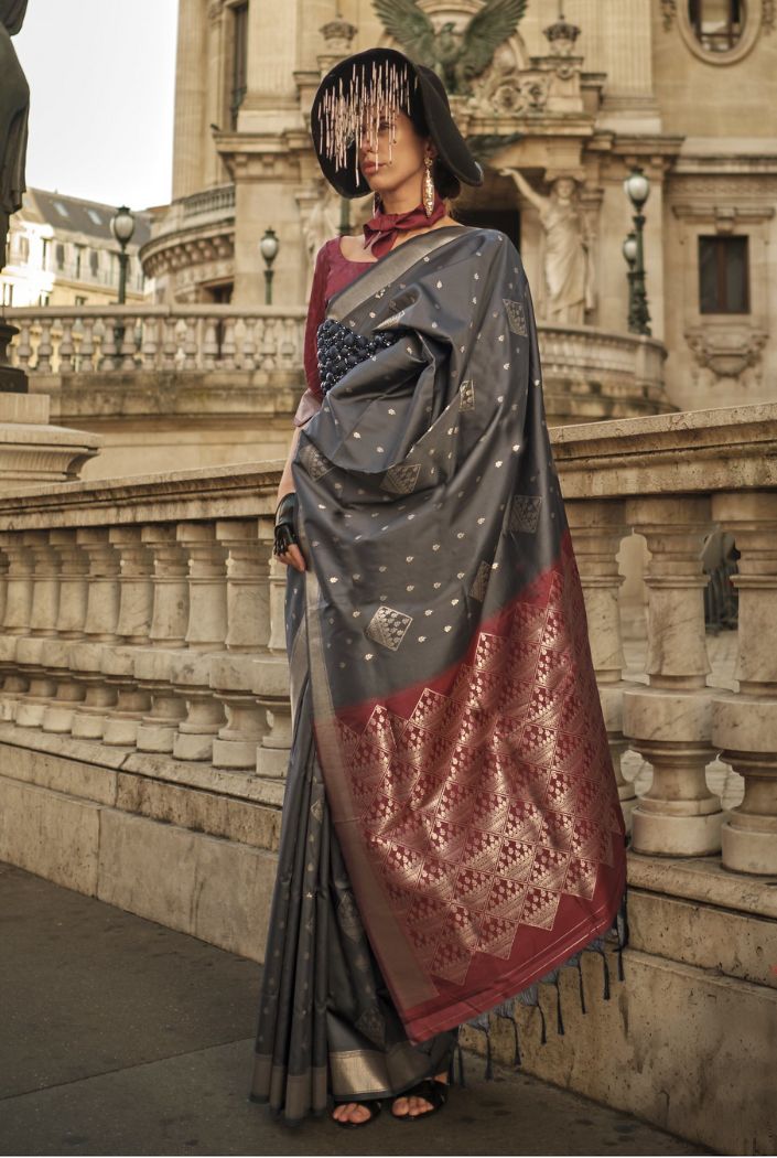 Buy MySilkLove Metal Grey Banarasi Handloom Saree Online