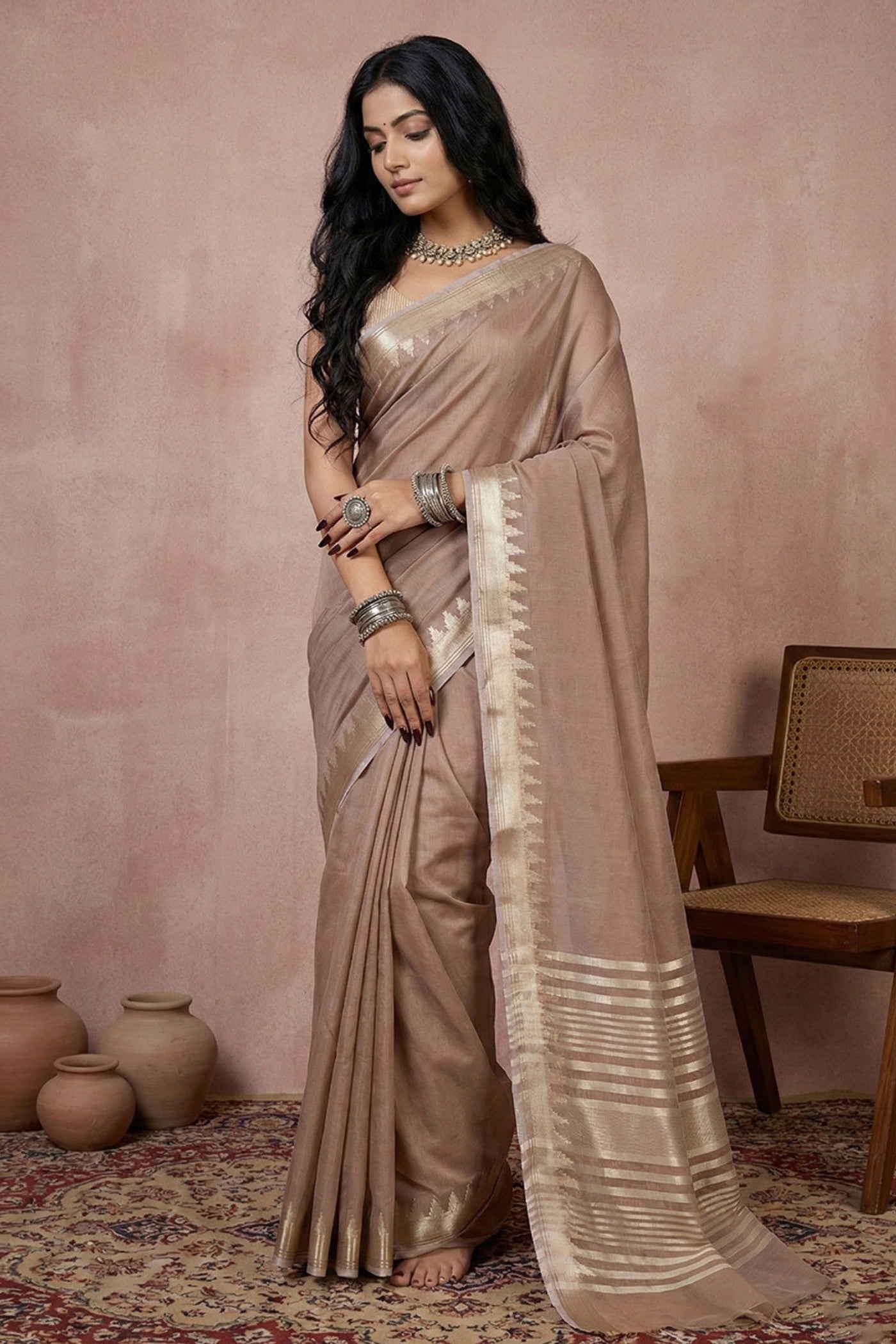 Buy MySilkLove Walnut Brown Woven Banarasi Soft Silk Saree Online