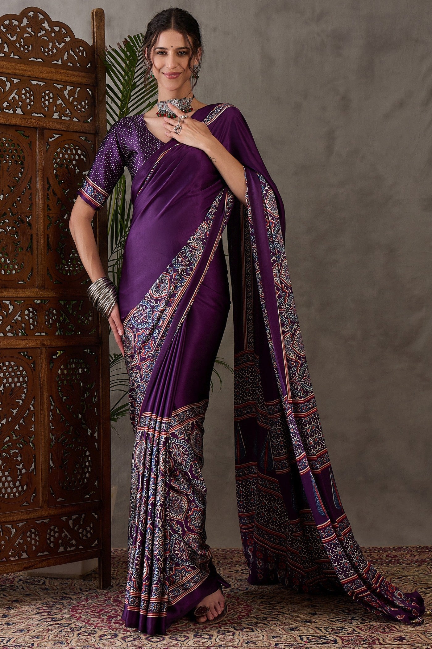 Buy MySilkLove Brinjal Purple Printed Satin Gaji Silk Saree Online