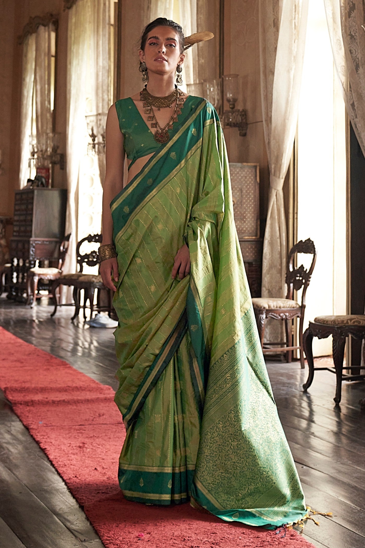 Buy MySilkLove Cambridge Green Tussar Handloom Silk Saree Online