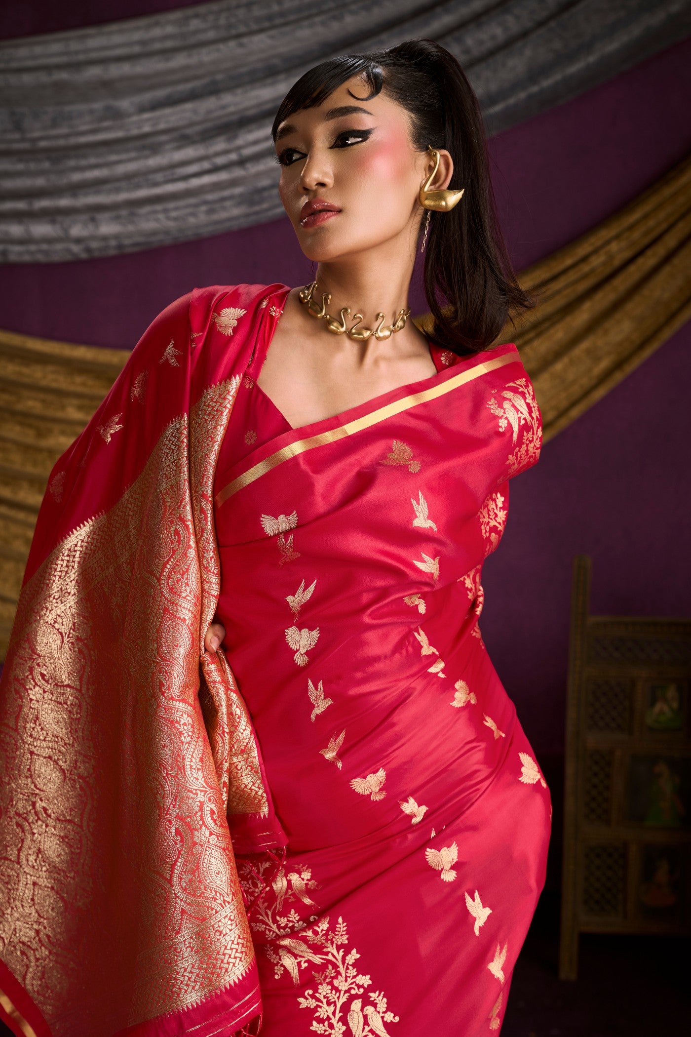 Buy MySilkLove Tomato Red Handloom Satin Silk Saree Online