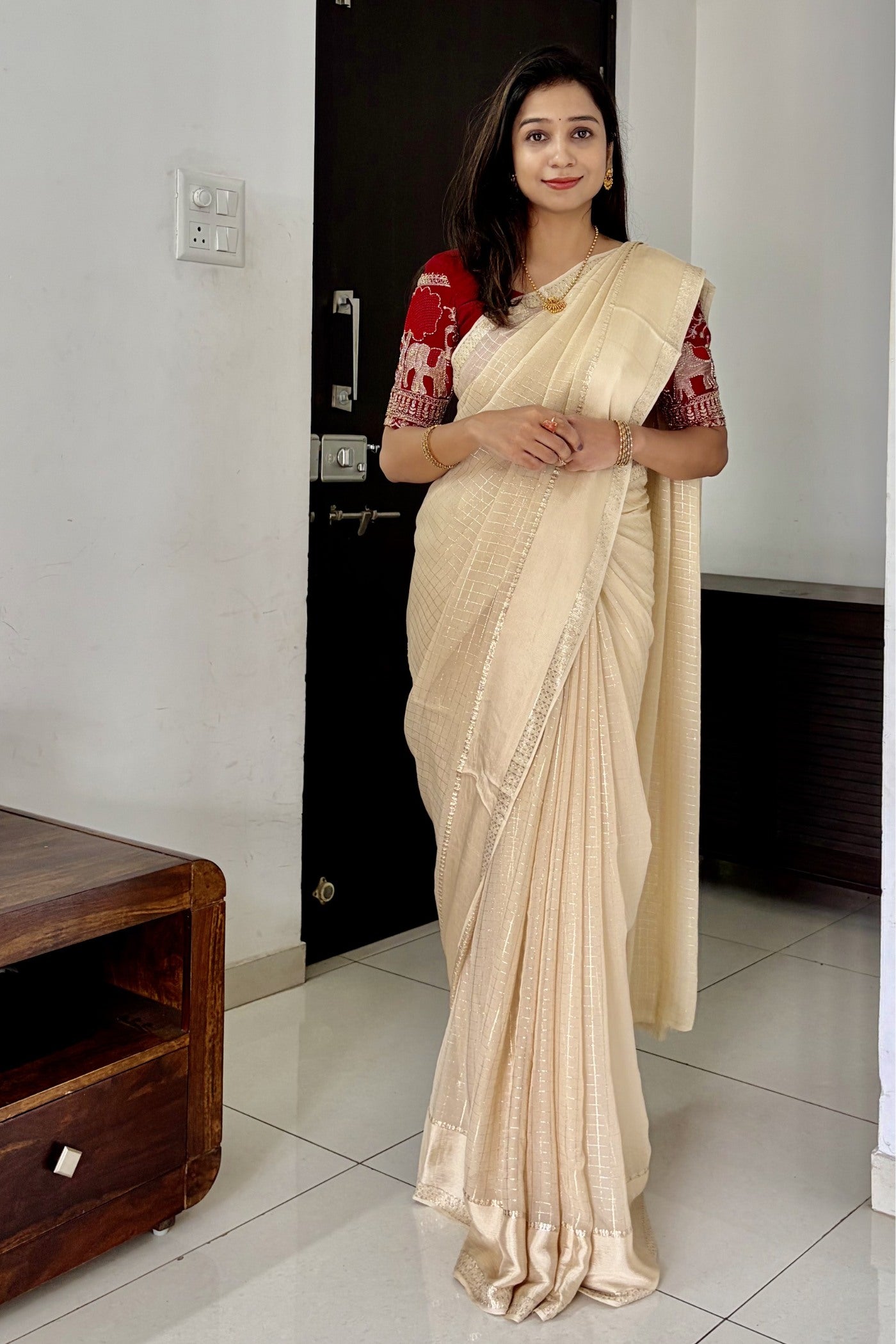 Buy MySilkLove Pearly Cream Georgette Partywear Saree Online