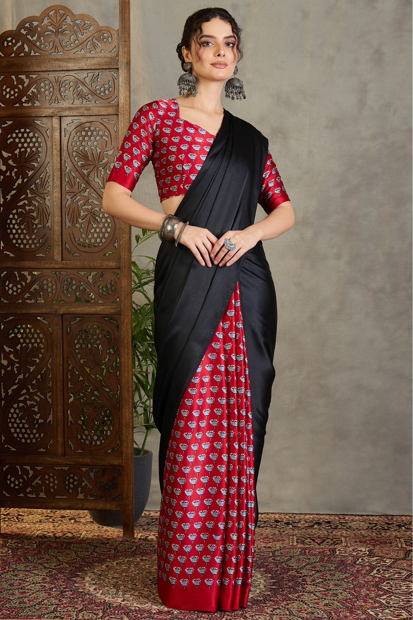 Buy MySilkLove Mini Black and Red Ajrakh Printed Satin Crepe Silk Saree Online