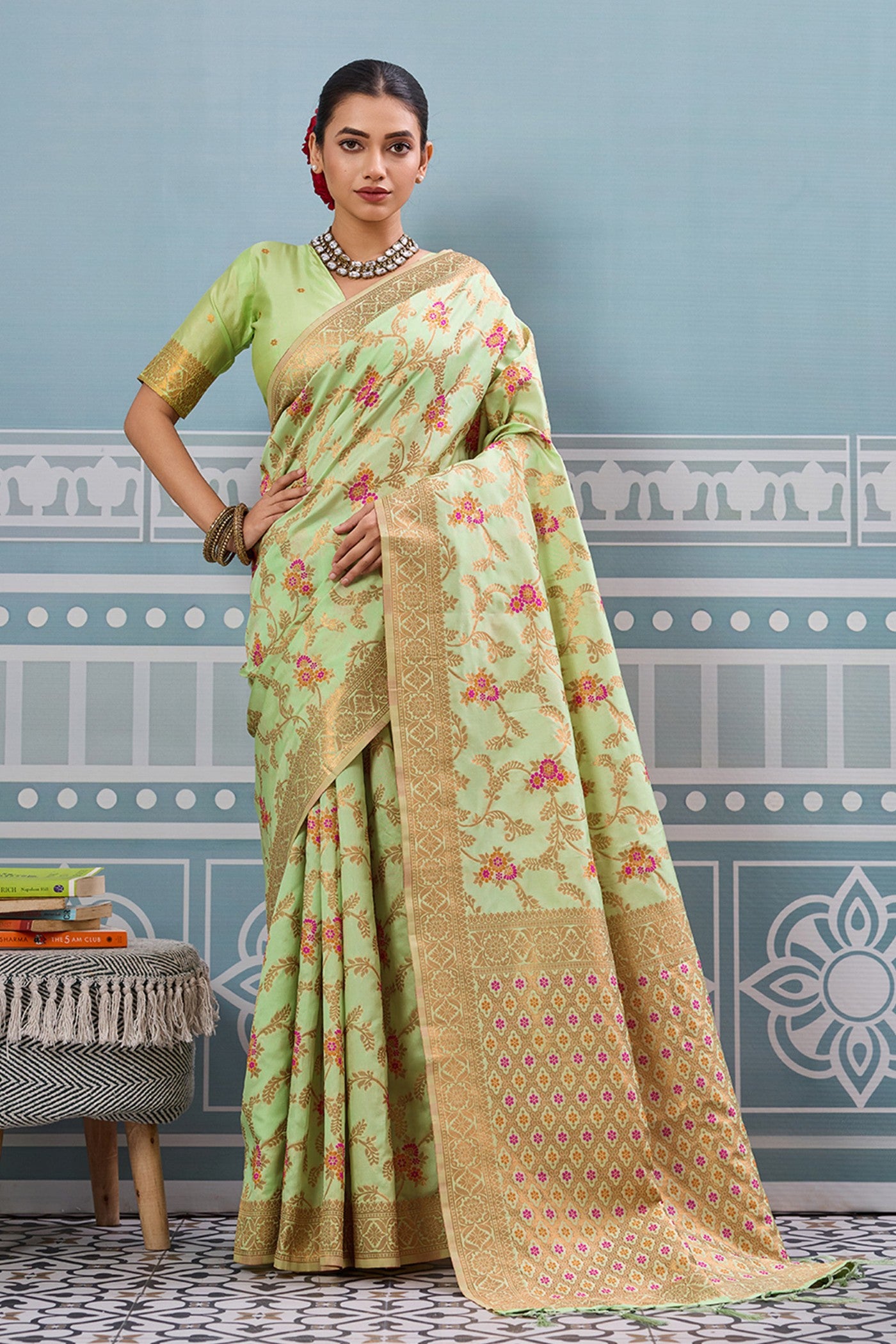 Buy MySilkLove Pista Green Woven Banarasi Saree Online