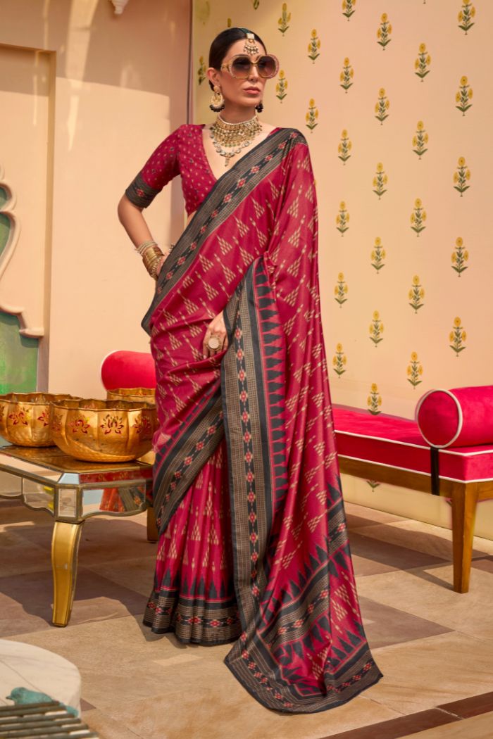 Buy MySilkLove French Maroon Printed Banarasi Soft Silk Saree Online