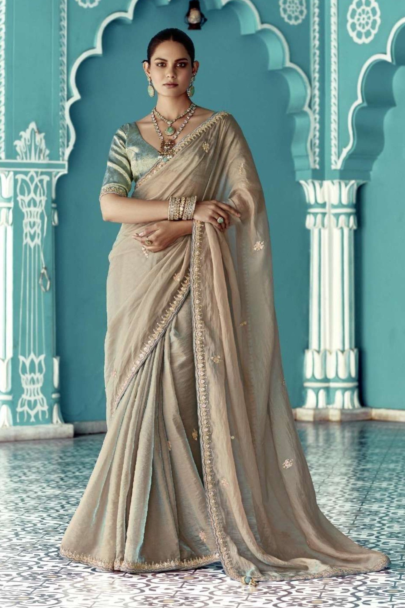 Buy MySilkLove Bronco Cream Embroidered Tissue Designer Saree Online