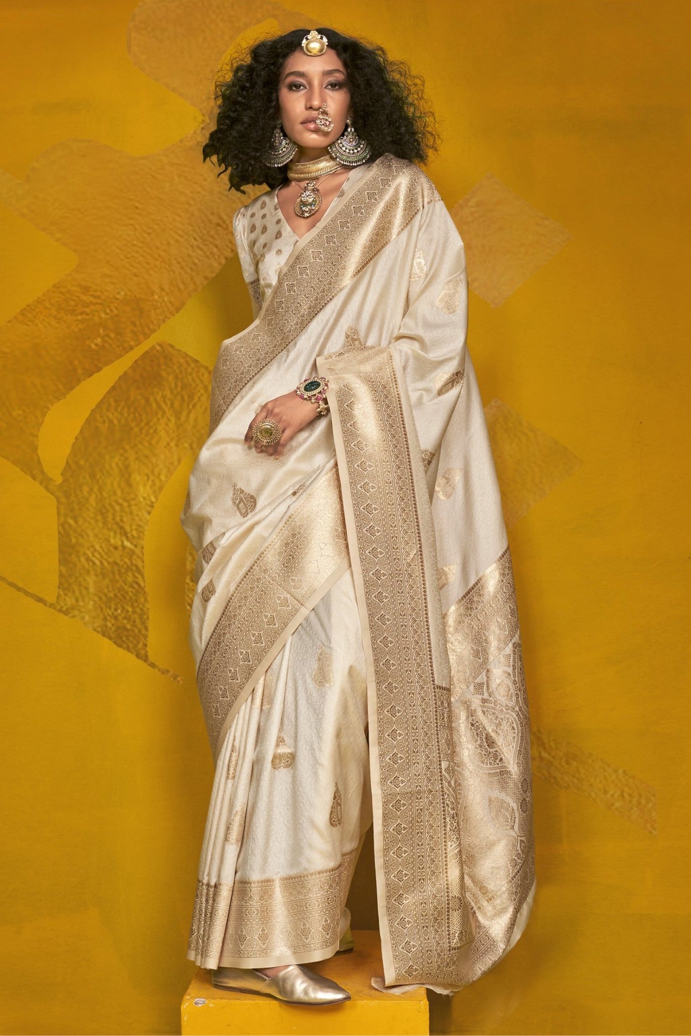 Buy MySilkLove Windsor Cream Banarasi Handloom Silk Saree Online