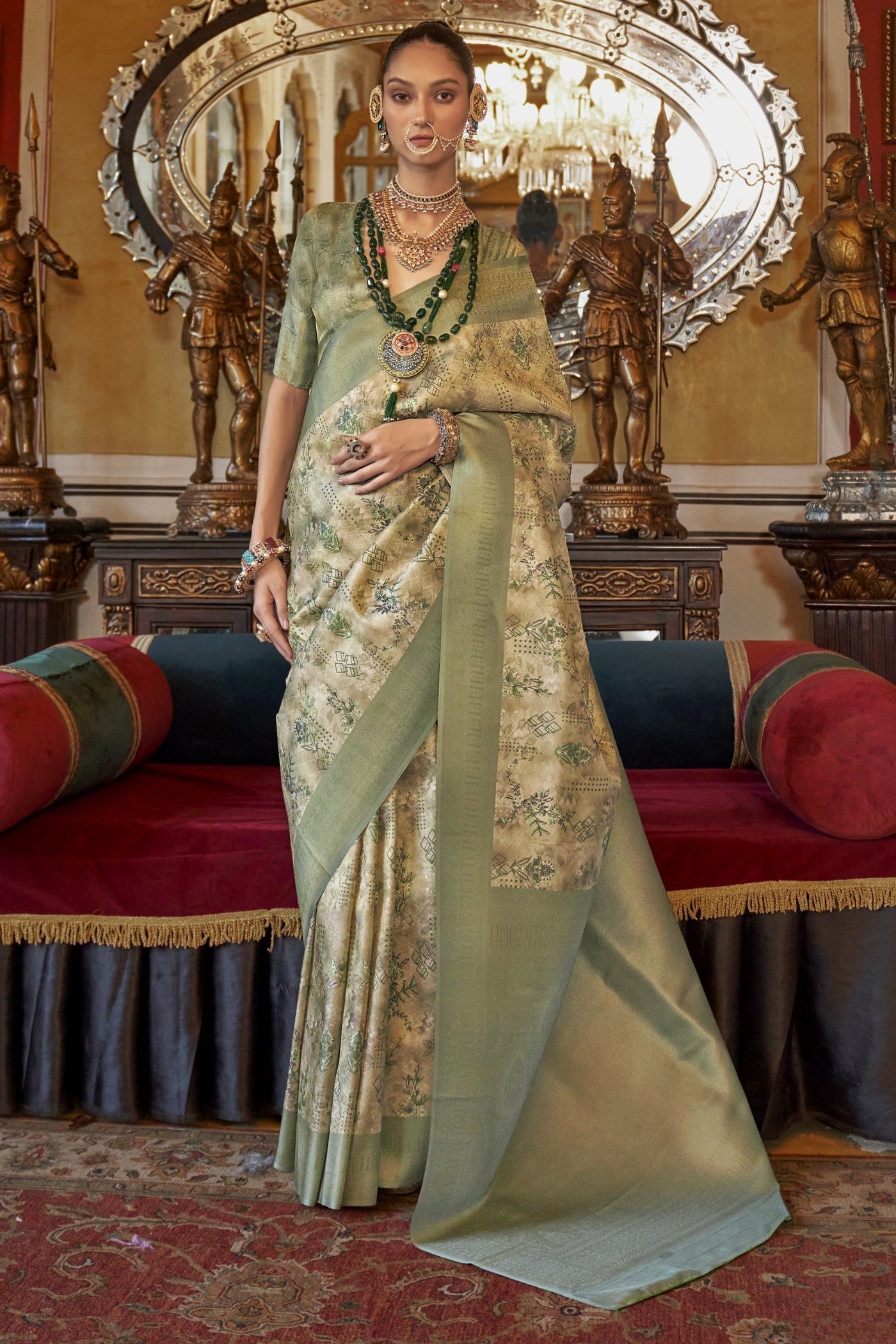 Buy MySilkLove Gurkha Green Banarasi Digital Printed Saree Online