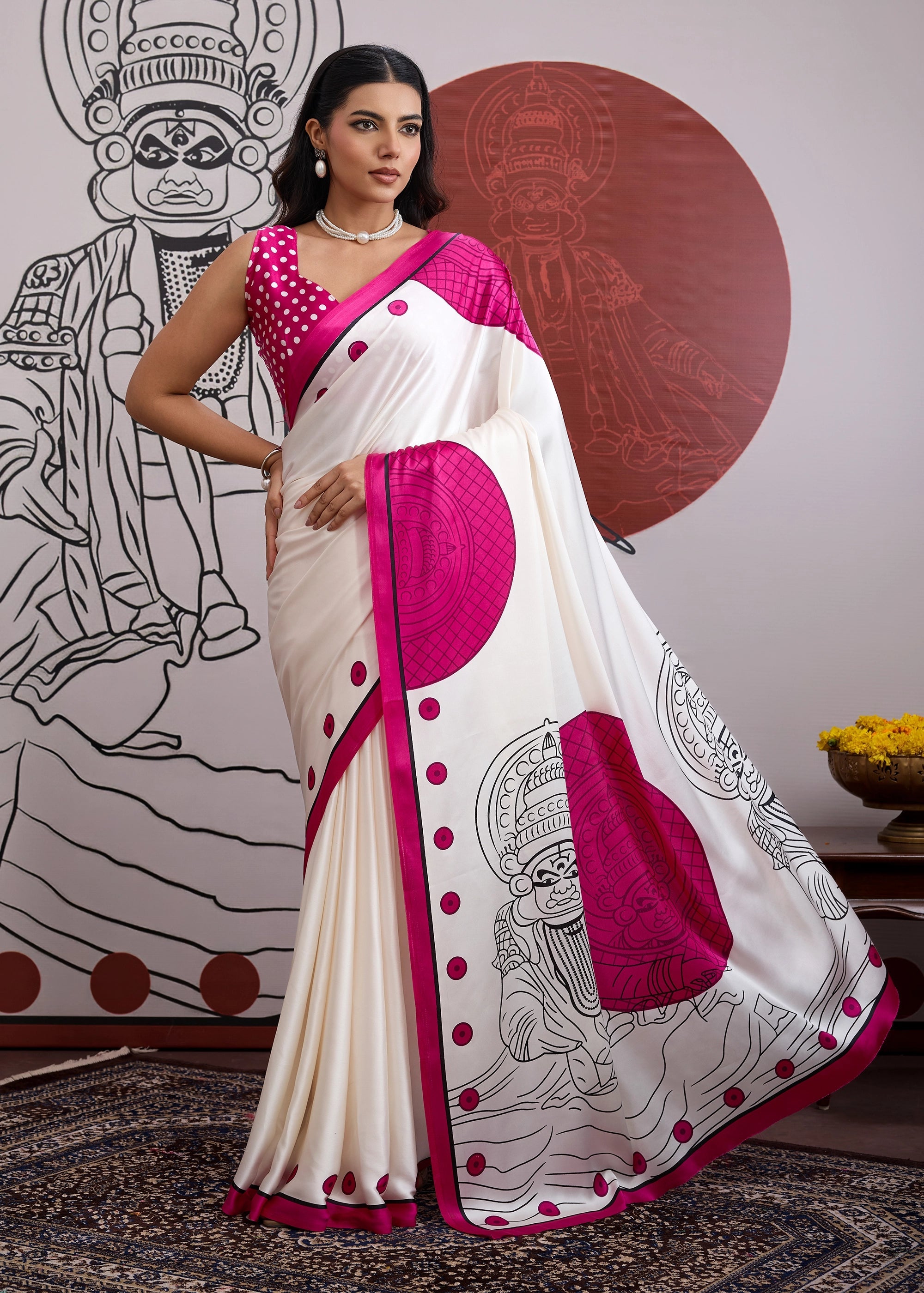 Buy MySilkLove Ultra Pink and White Printed Satin Crepe Silk Saree Online