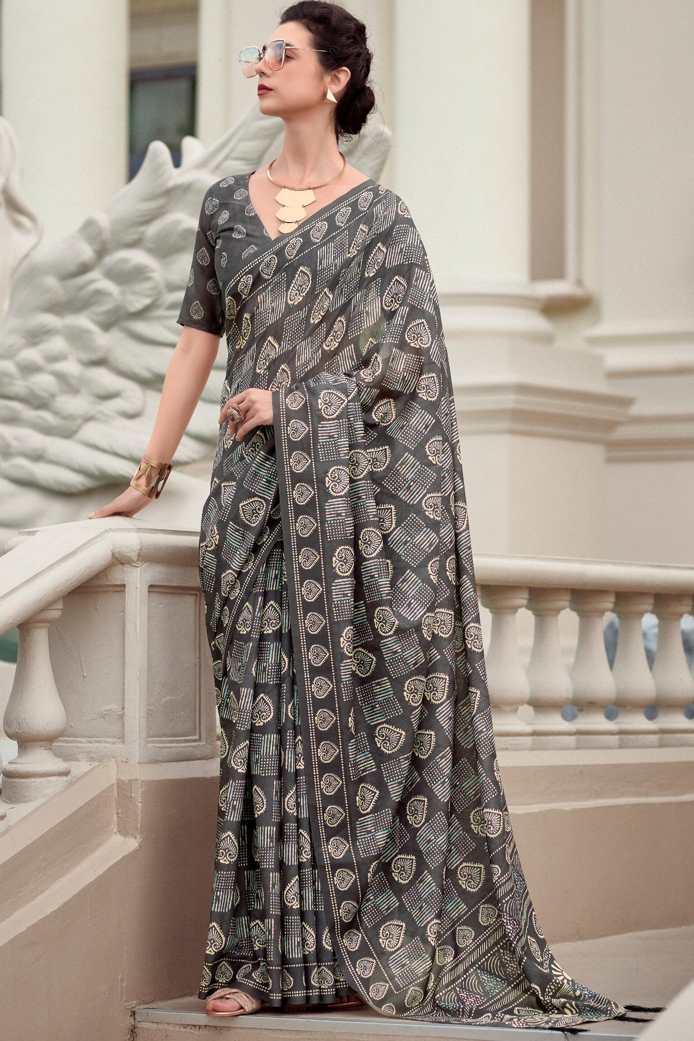 Buy MySilkLove Dorado Grey Mul Mul Cotton Saree Online