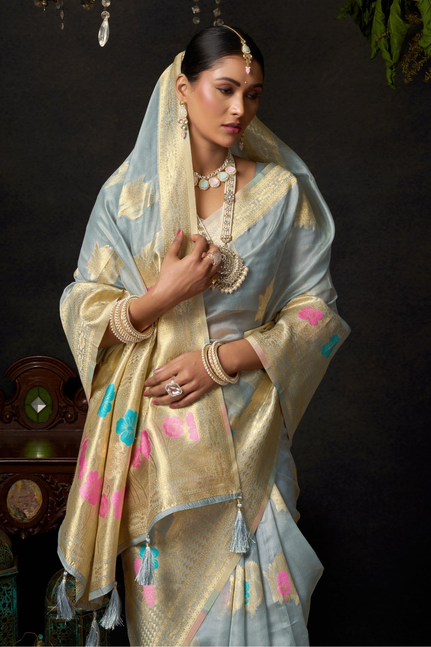 Buy MySilkLove Silver Grey Woven Banarasi Organza Saree Online