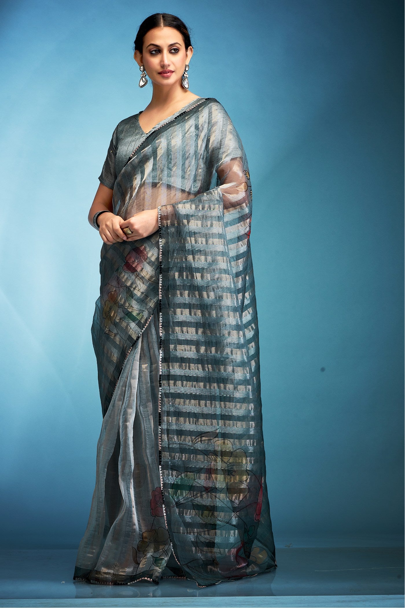 Buy MySilkLove Cloudy Grey Printed Tissue Saree Online