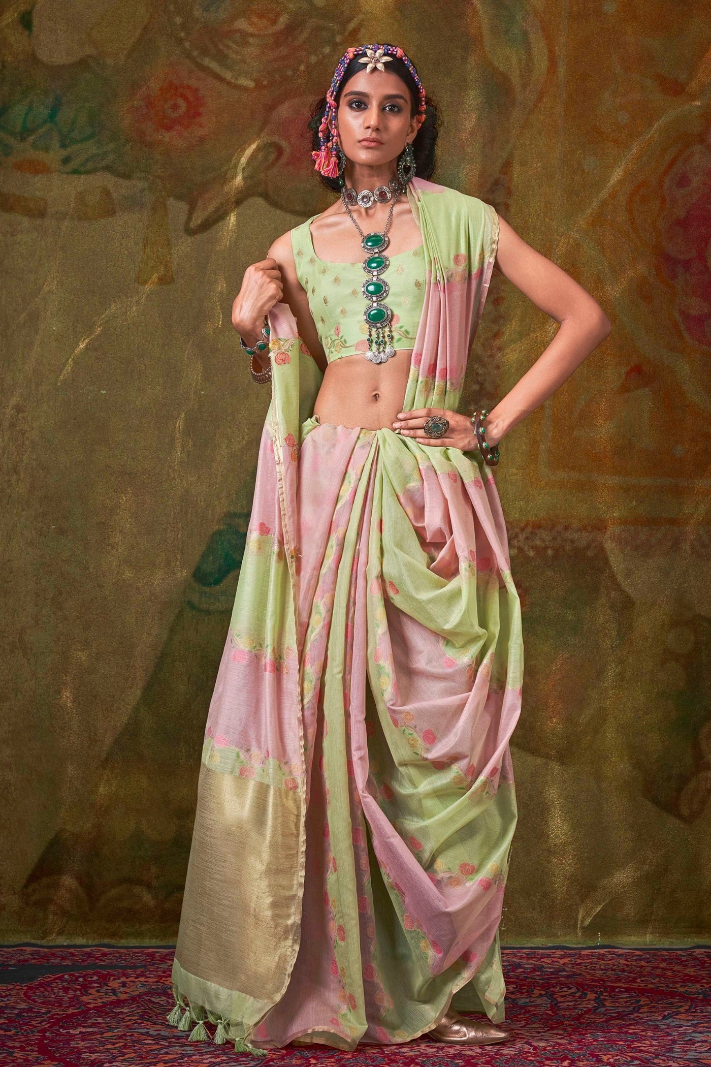 Buy MySilkLove Bush Pink and Green Banarasi Handloom Saree Online