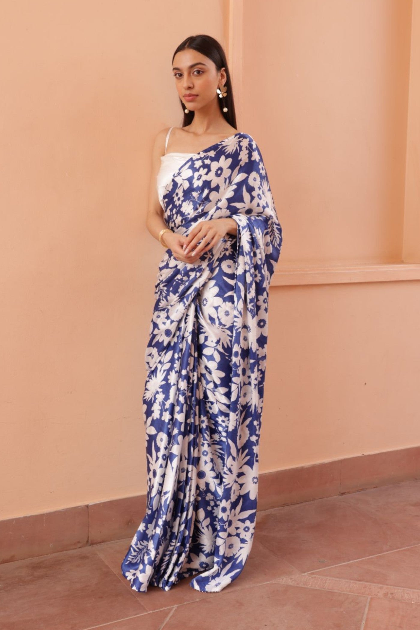 Buy MySilkLove Classic Blue and White Floral Printed Satin Silk Saree Online