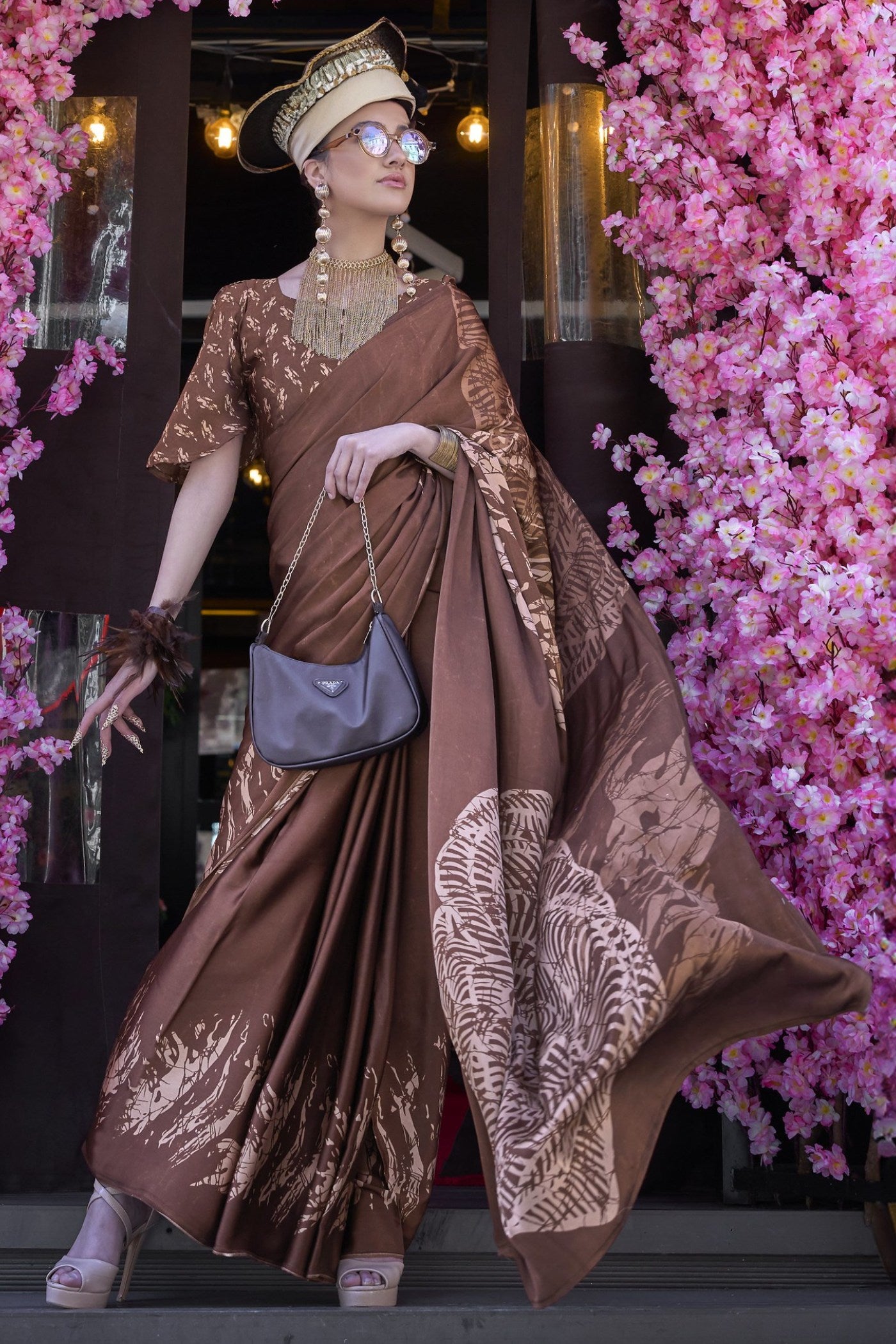 Buy MySilkLove Coco Brown Printed Satin Crepe Silk Saree Online