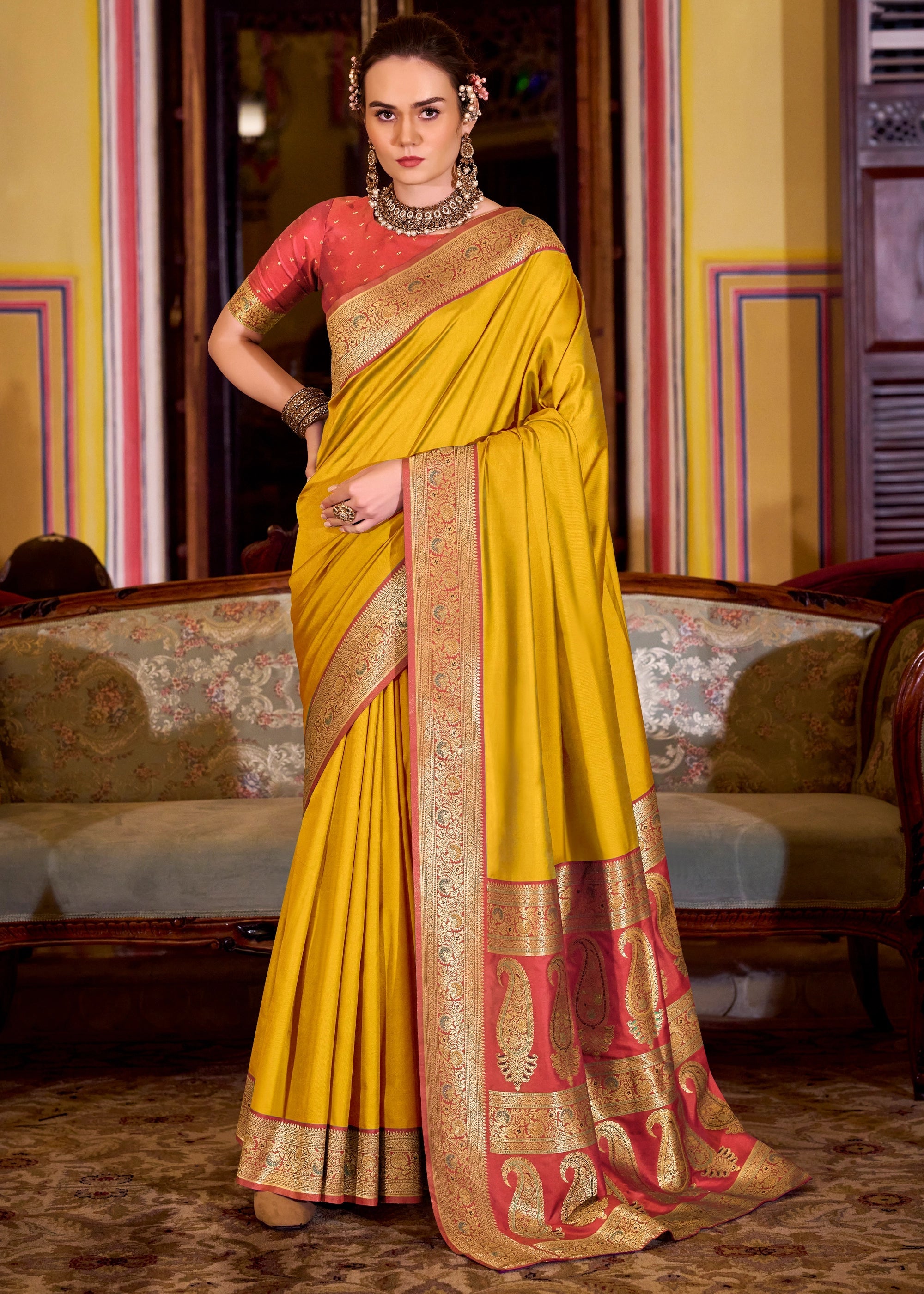 Buy MySilkLove Citrine Yellow Woven Banarasi Soft Silk Saree Online