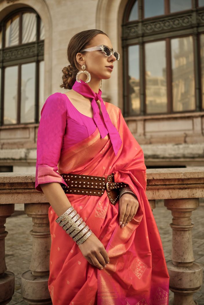 Buy MySilkLove Beauty Orange and Pink Banarasi Handloom Saree Online