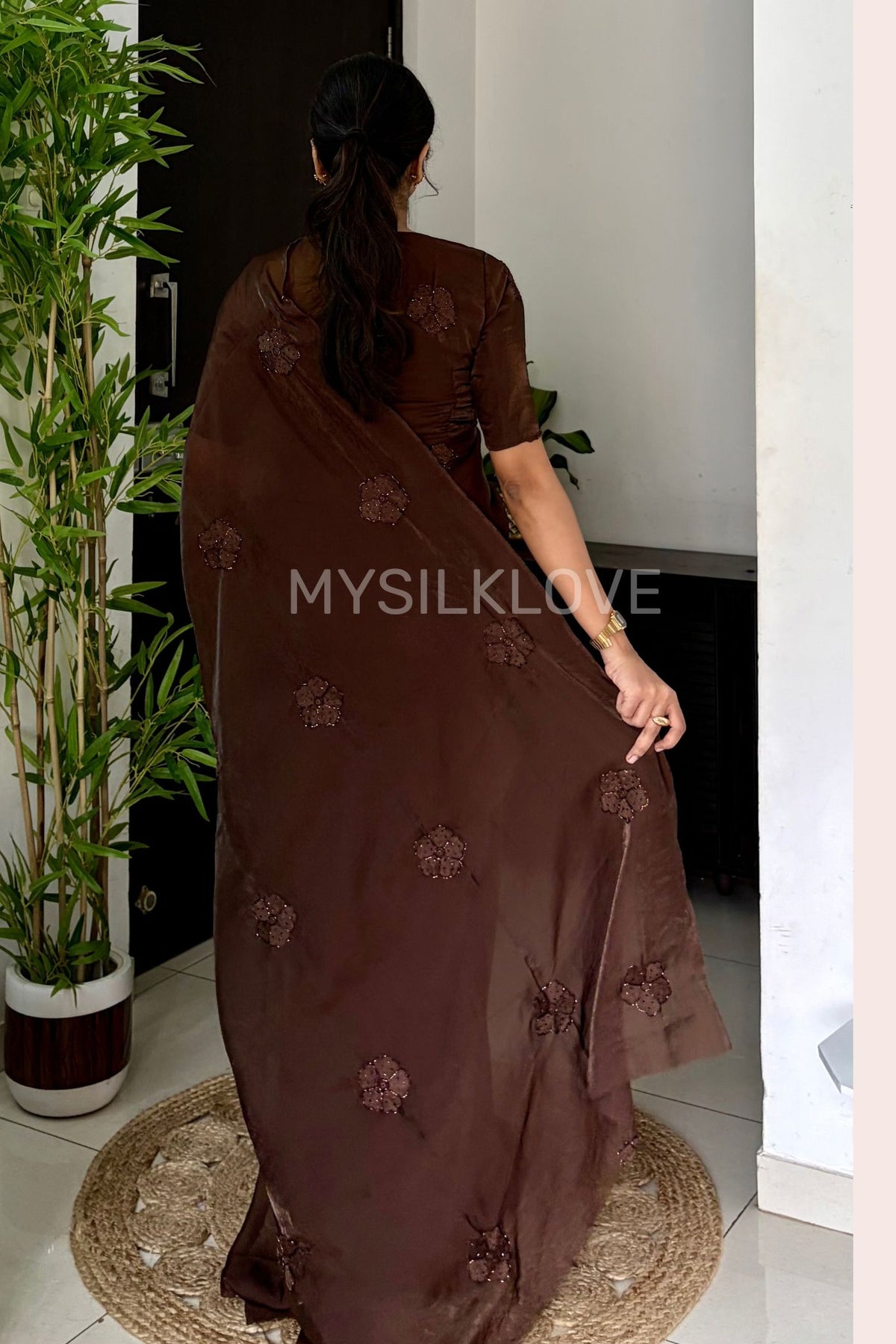 Buy MySilkLove Mahogany Brown Designer Sequin Embroidery Work Saree Online