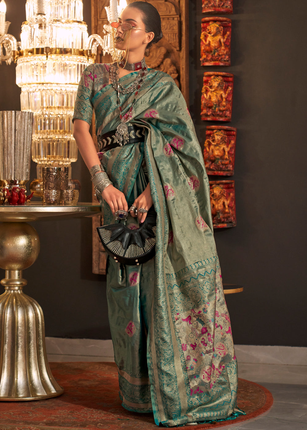 Buy MySilkLove Glade Green Dual Tone Banarasi Silk Saree Online