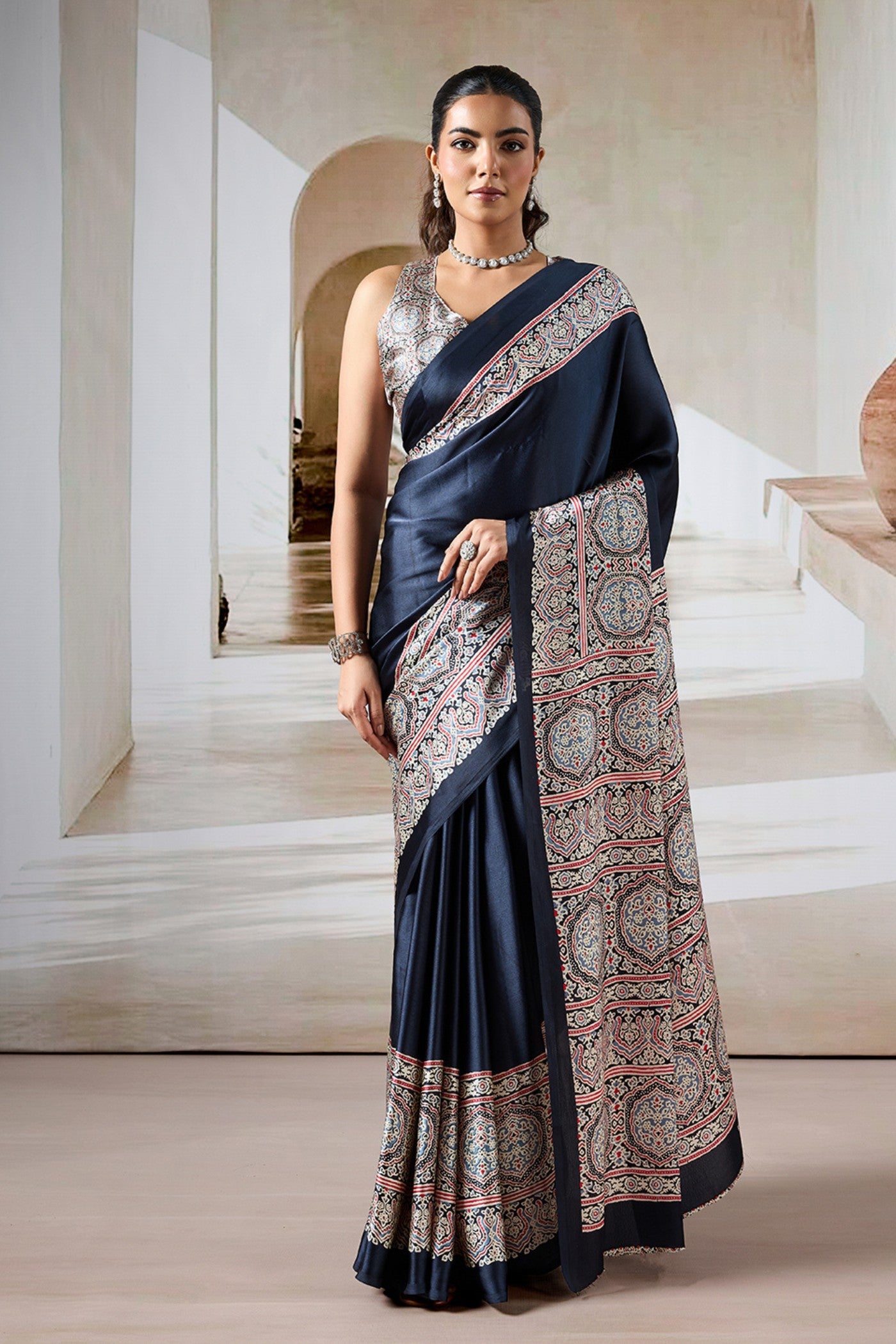 Buy MySilkLove Grease Black Ajrakh Printed Satin Crepe Silk Saree Online