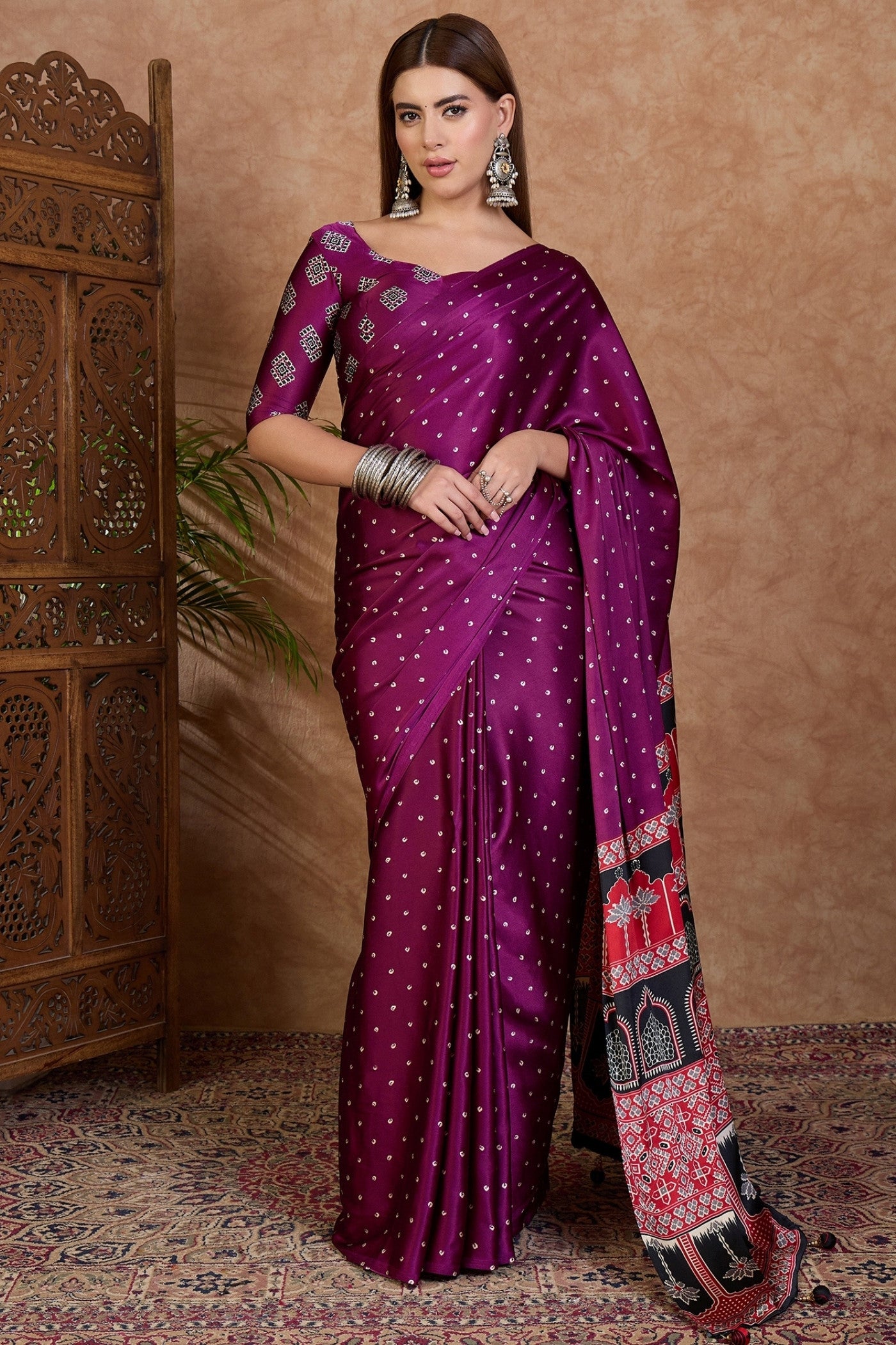 Buy MySilkLove Petunia Purple Ajrakh Printed Satin Crepe Silk Saree Online